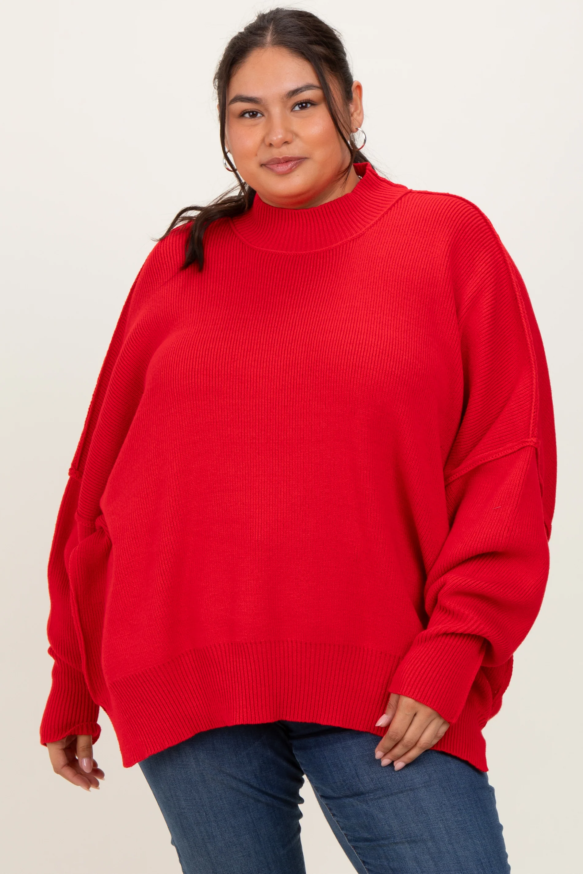 Red Mock Neck Exposed Seam Maternity Sweater - Image 4