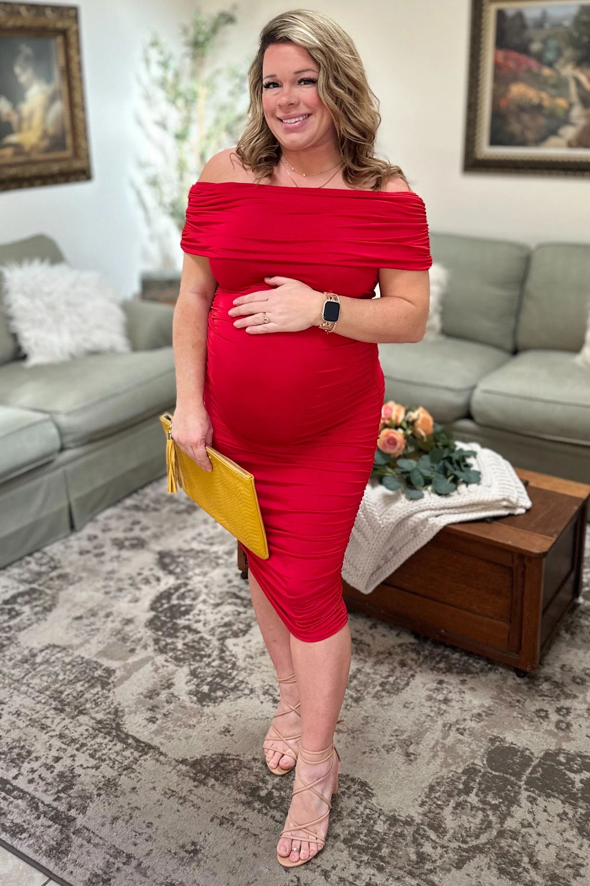 Red Off Shoulder Ruched Maternity Midi Dress - Image 3