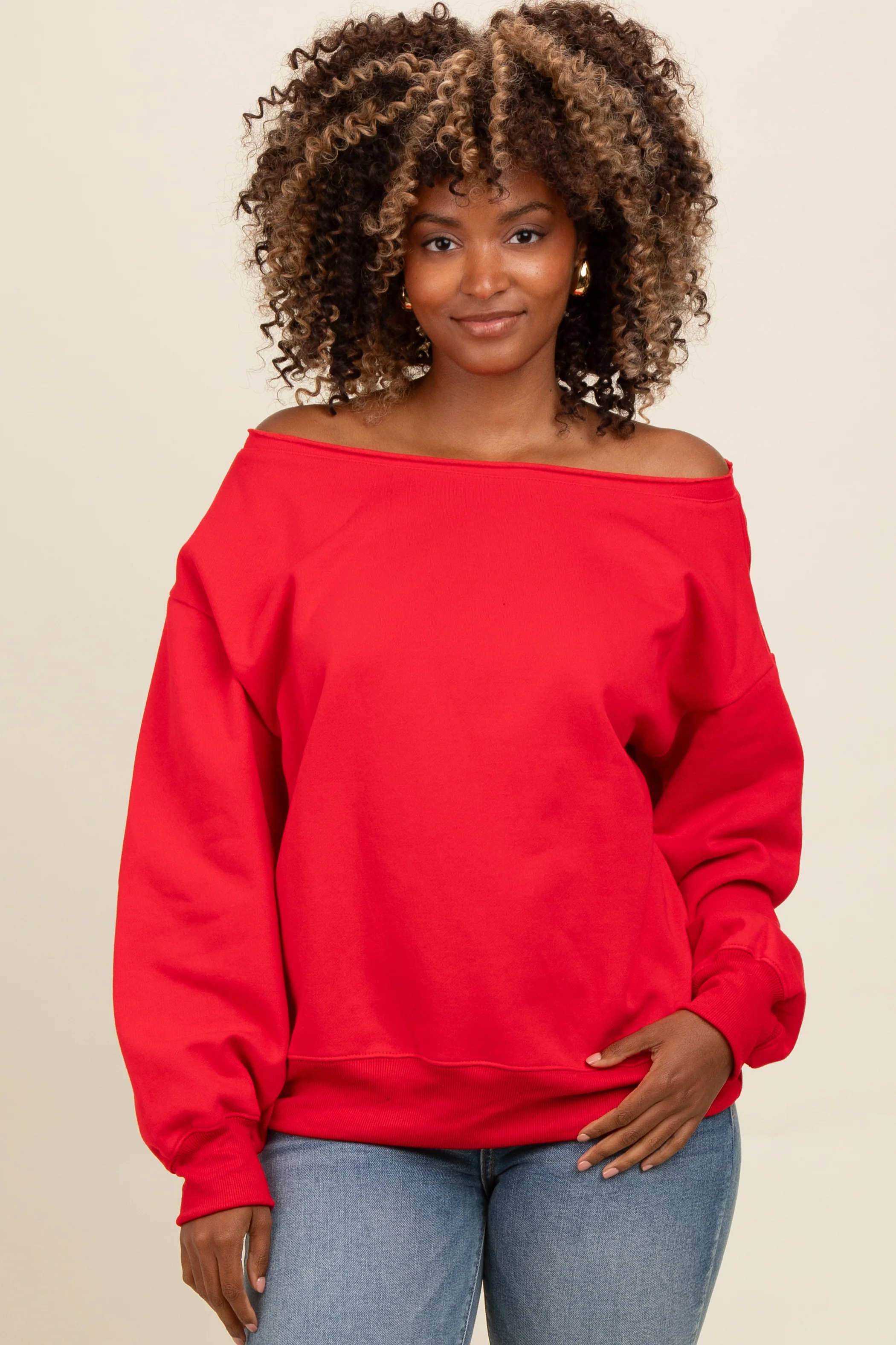 Red One Shoulder Maternity Sweatshirt - Image 7