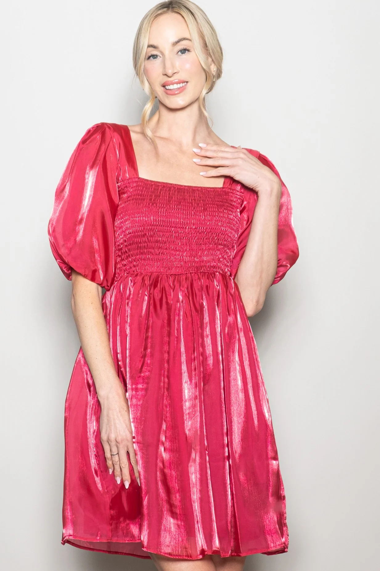 Red Organza Smocked Puff Sleeve Maternity Mini Dress - Image 5
