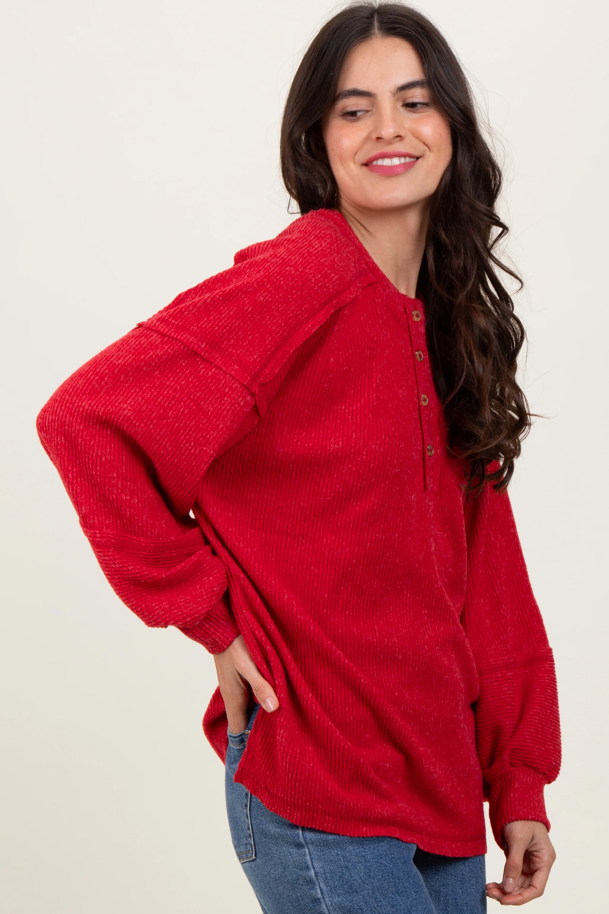 Red Oversized Ribbed Knit Henley Sweater - Image 3