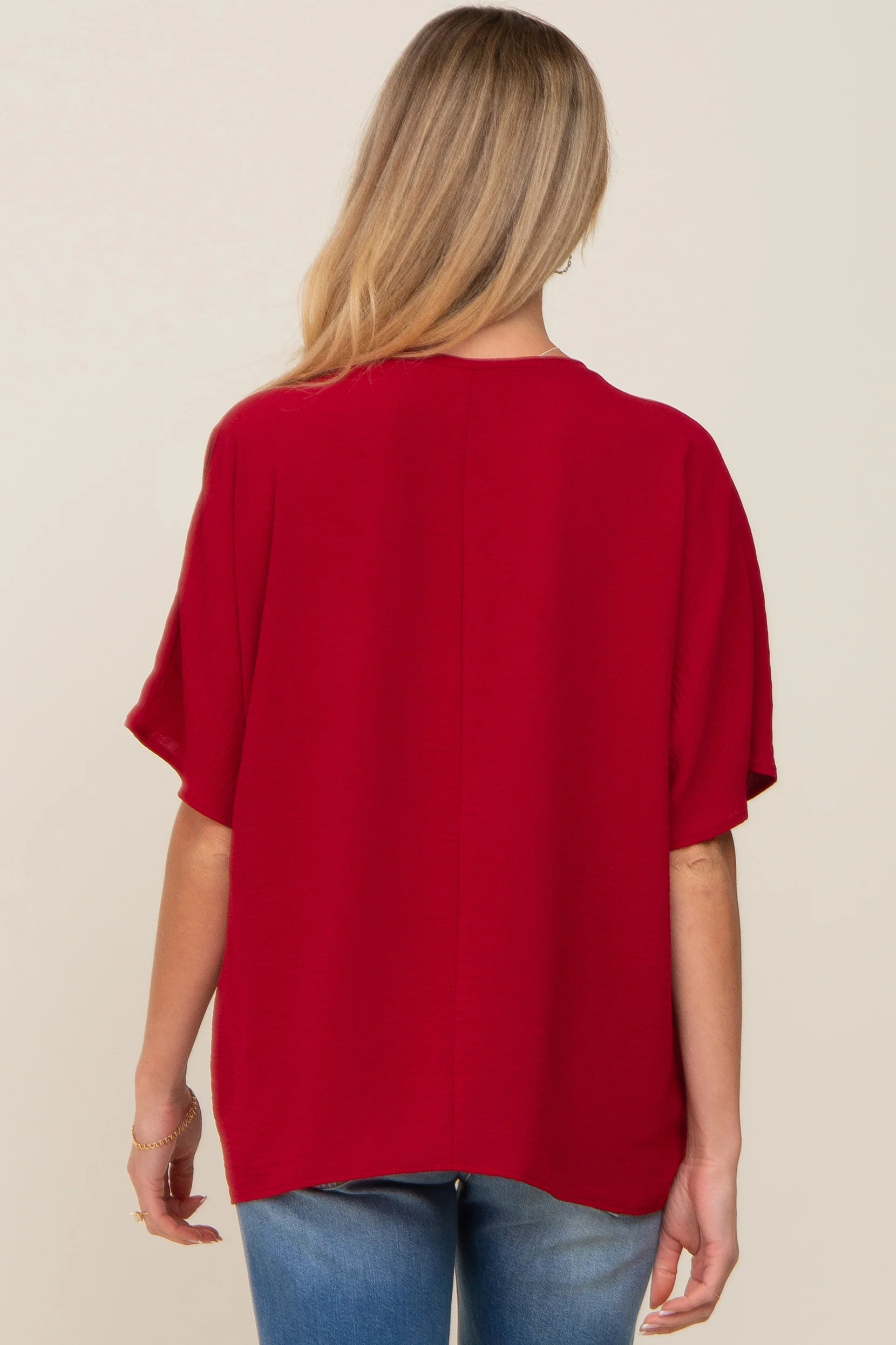 Red Oversized V-Neck Pocket Front Maternity Blouse - Image 3