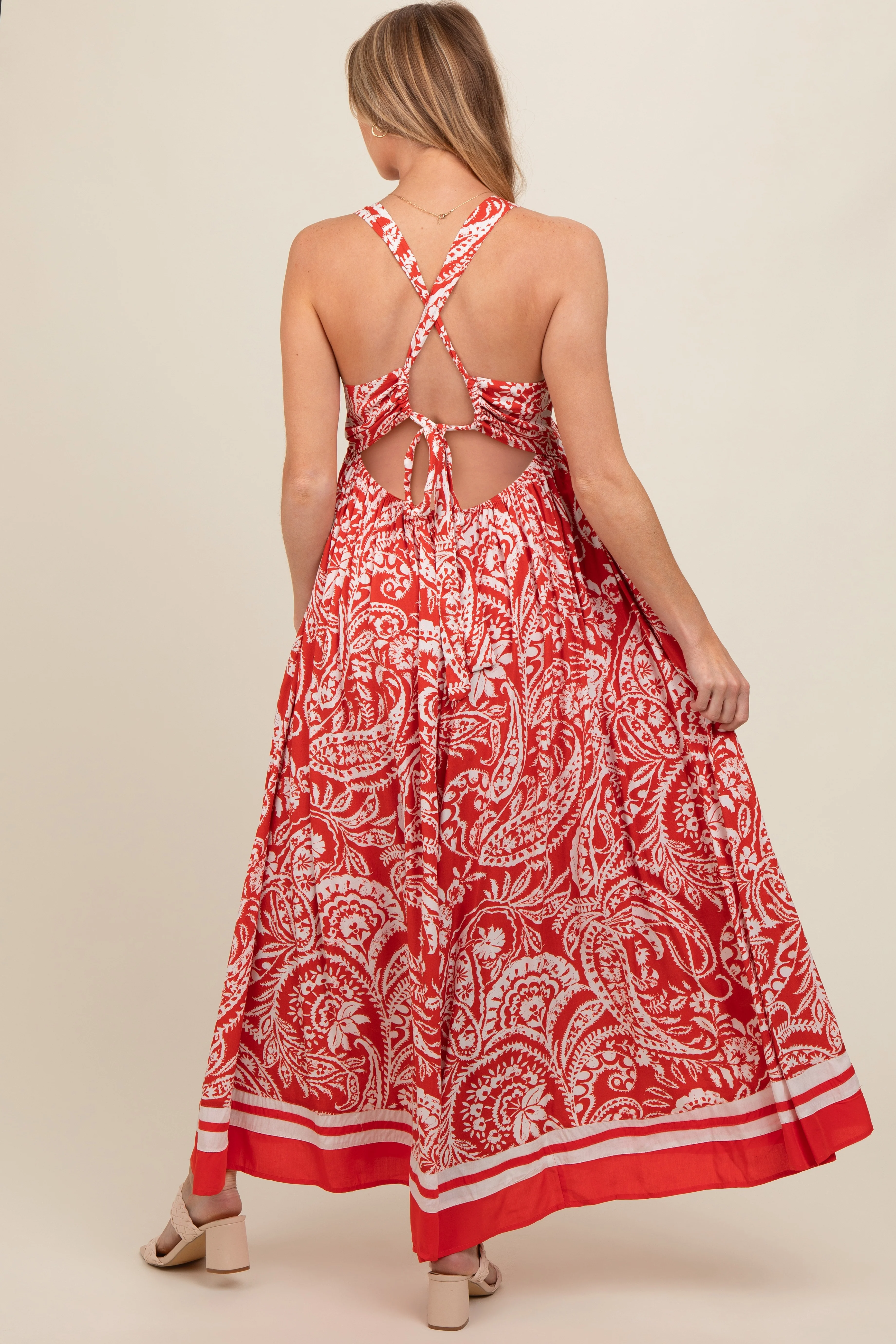 Red Paisley Cutout Back Maternity Maxi Dress - Image 4