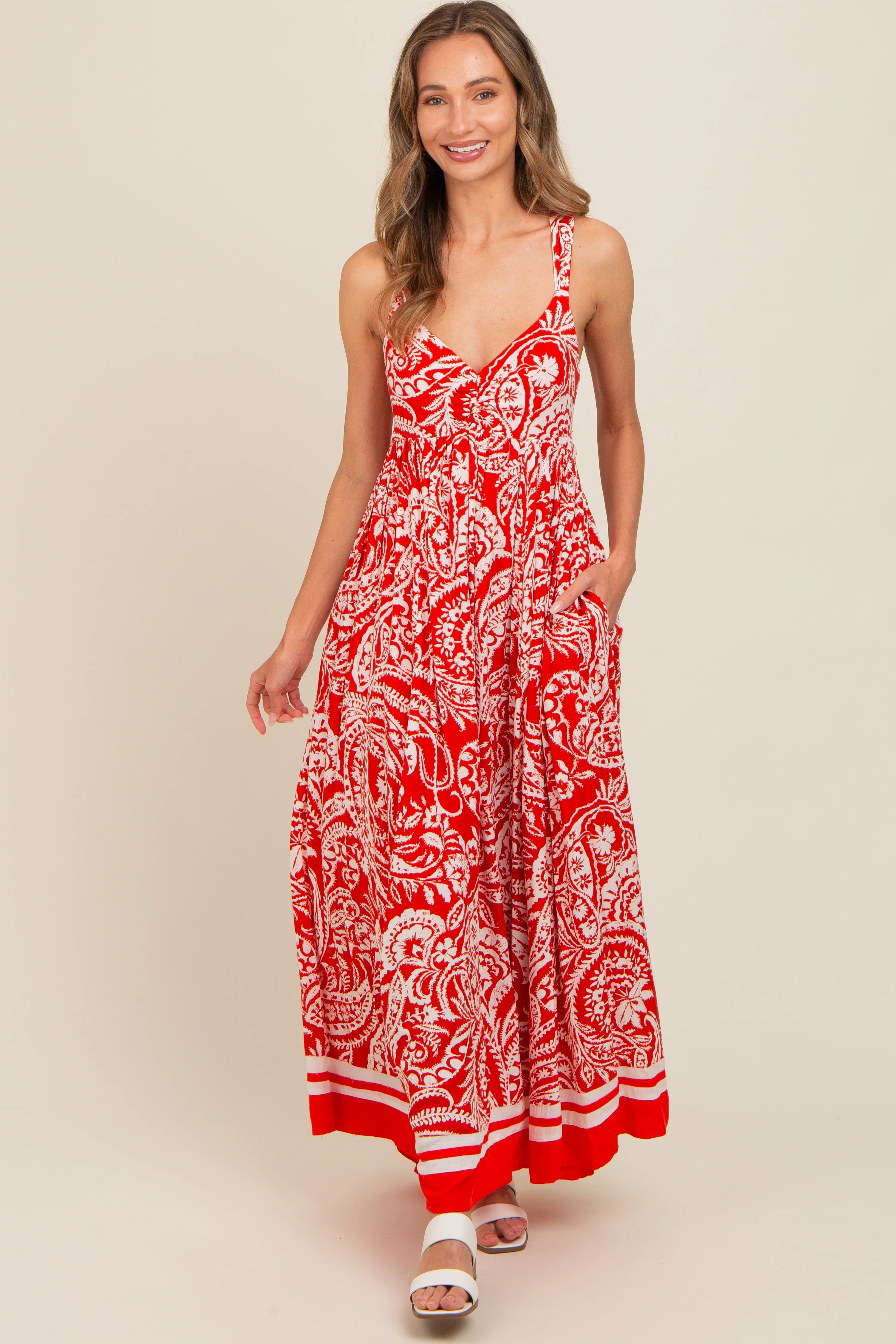 Red Paisley Cutout Back Maxi Dress - Image 4