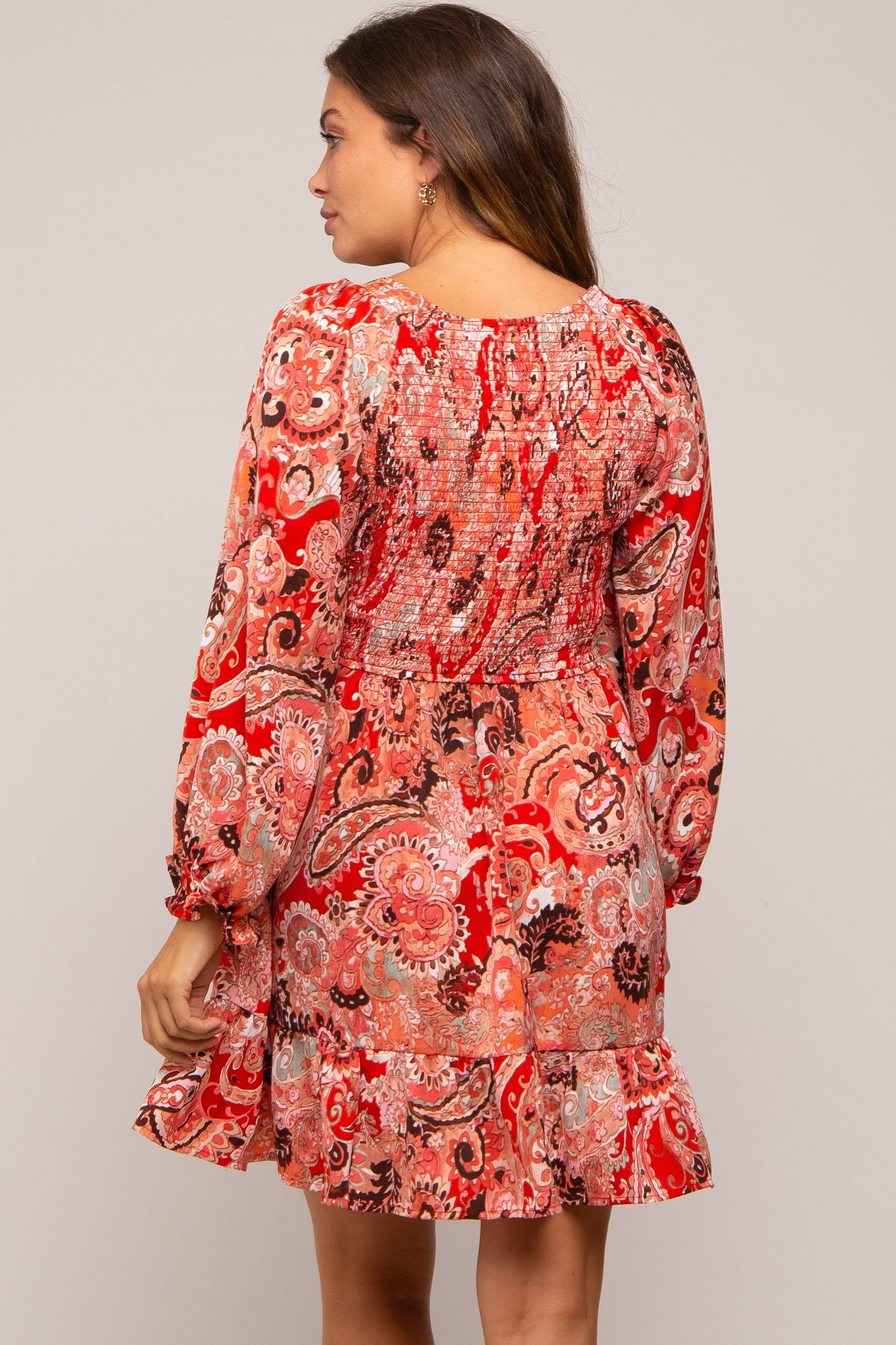 Red Paisley Smocked Long Sleeve Maternity Dress - Image 3