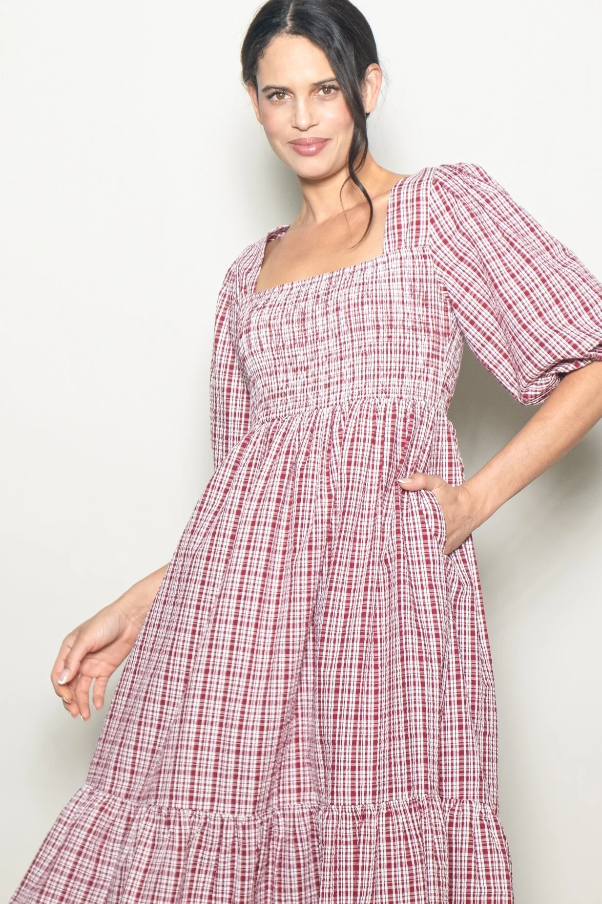 Red Plaid Bubble Sleeve Dress - Image 5