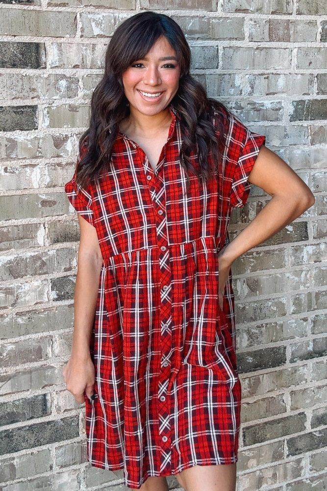 Red Plaid Rolled Cuff Sleeve Button Down Dress - Image 4