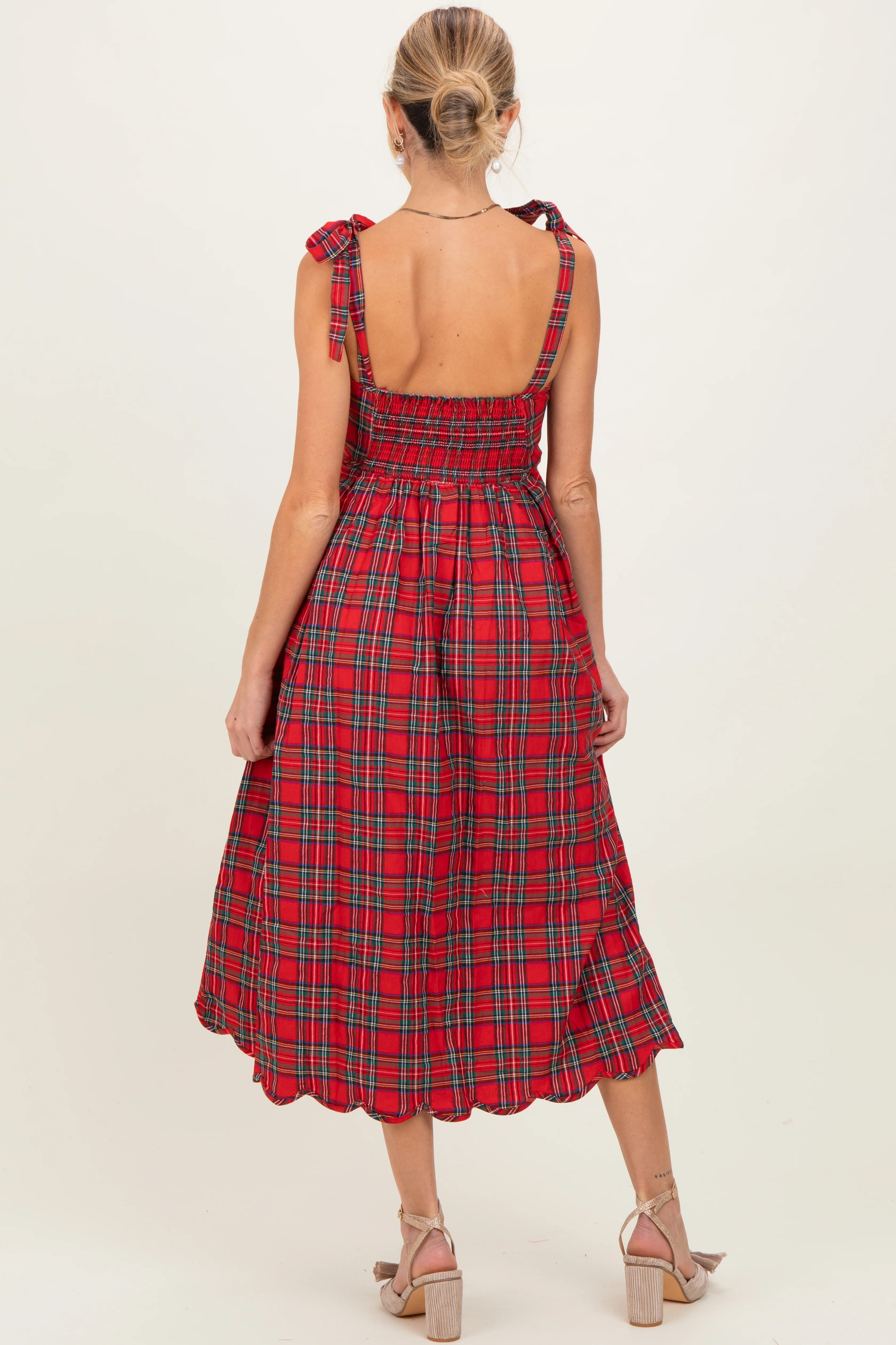Red Plaid Shoulder Tie Scallop Hem Maternity Midi Dress - Image 4