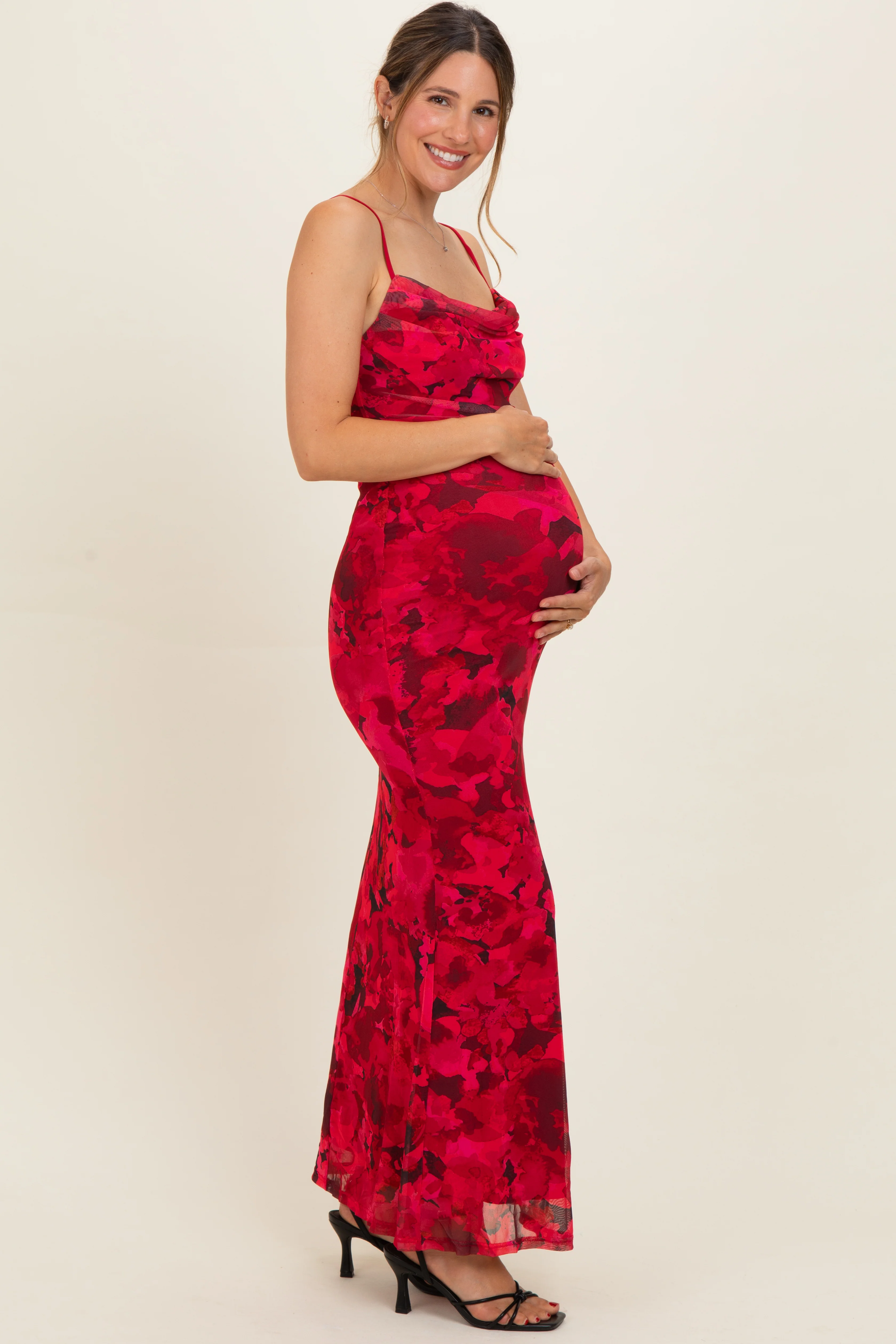 Red Printed Crisscross Back Maternity Maxi Dress - Image 3
