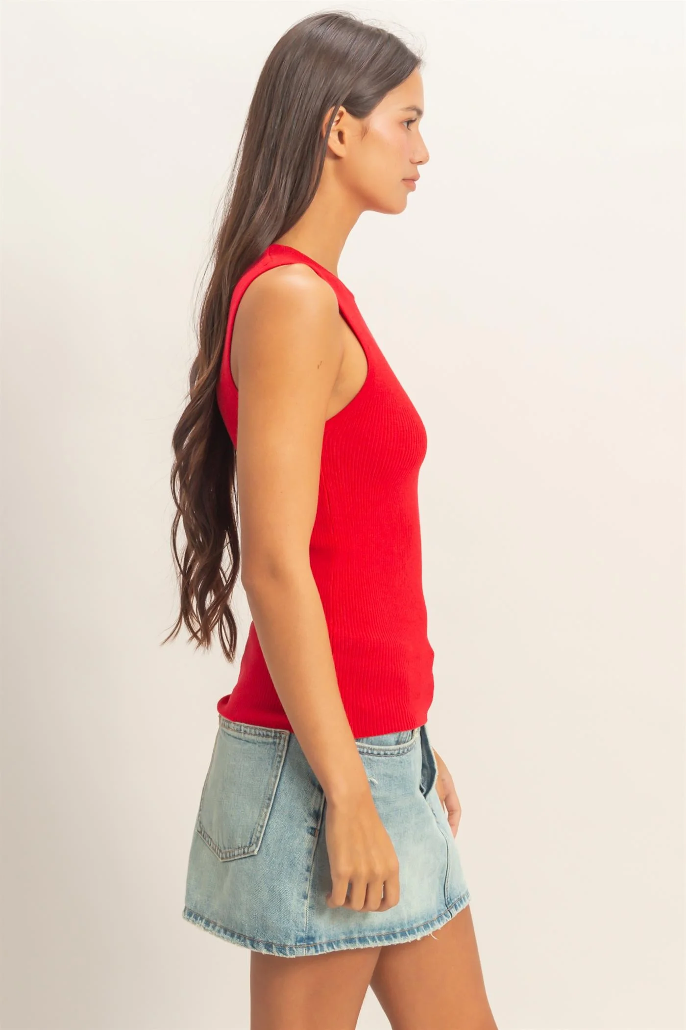 Red Ribbed Knit Tank Top - Image 3