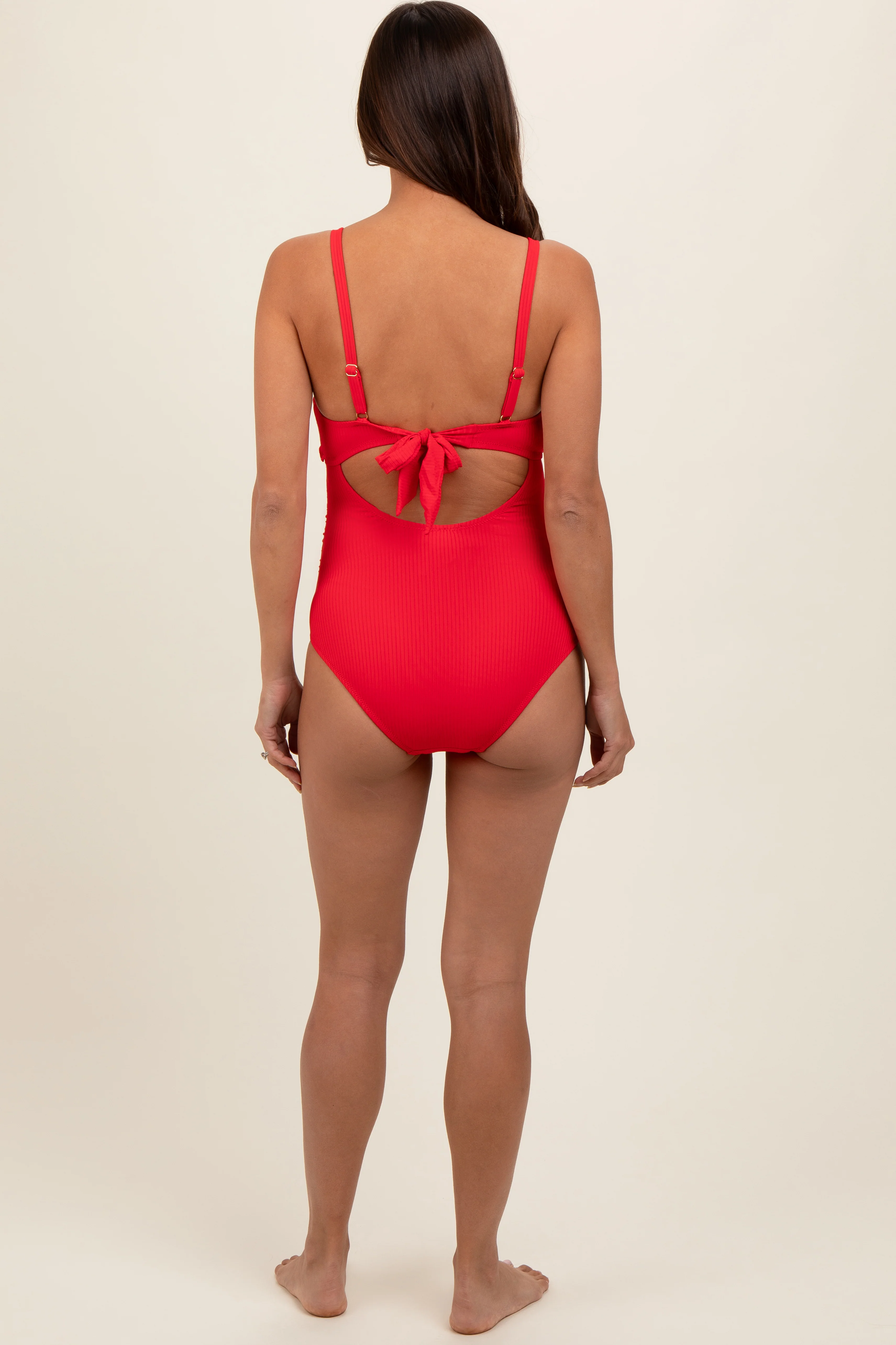 Red Ribbed Lettuce Edge V-Neck Maternity One-Piece Swimsuit - Image 4