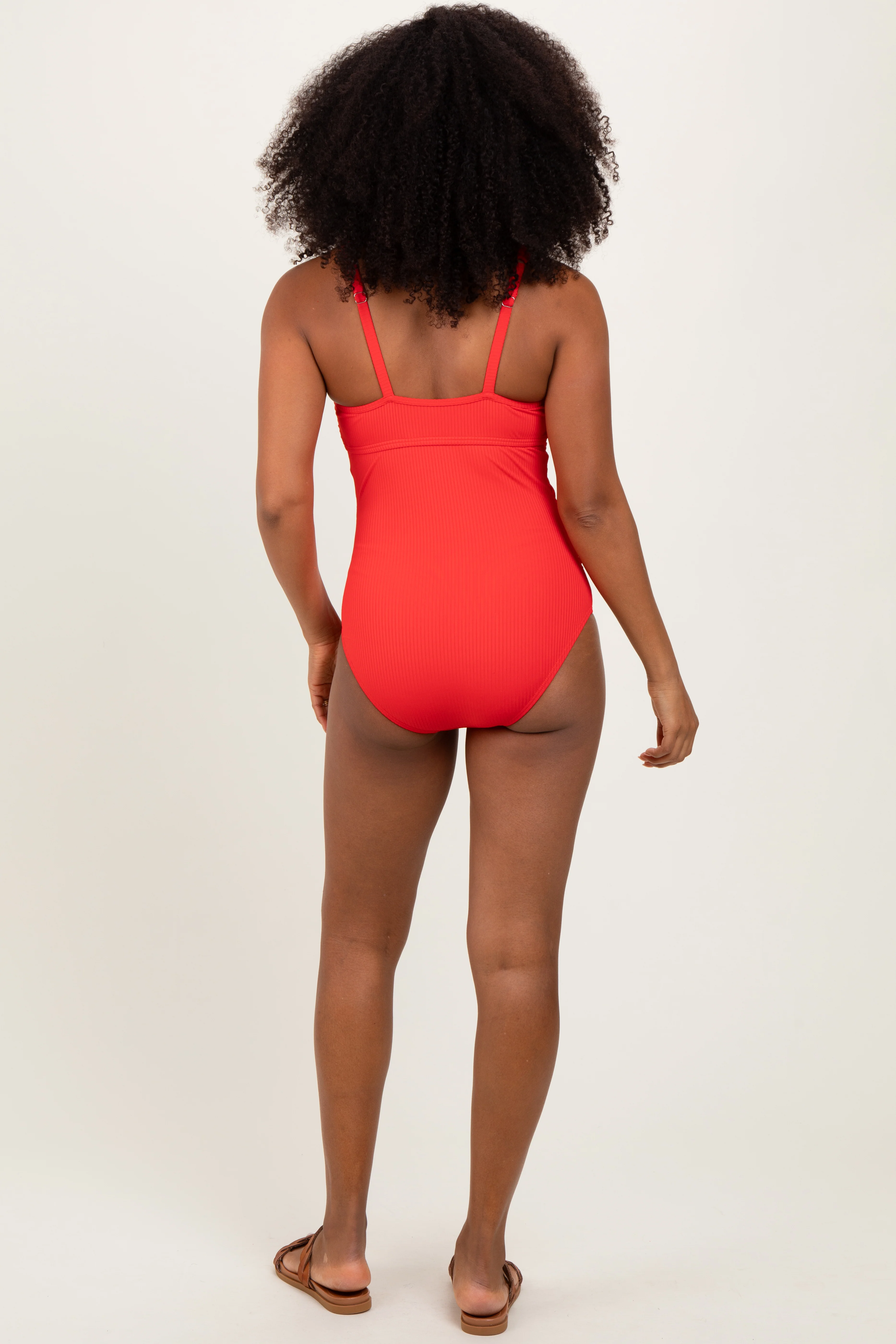 Red Ribbed Split Neckline Swimsuit - Image 4