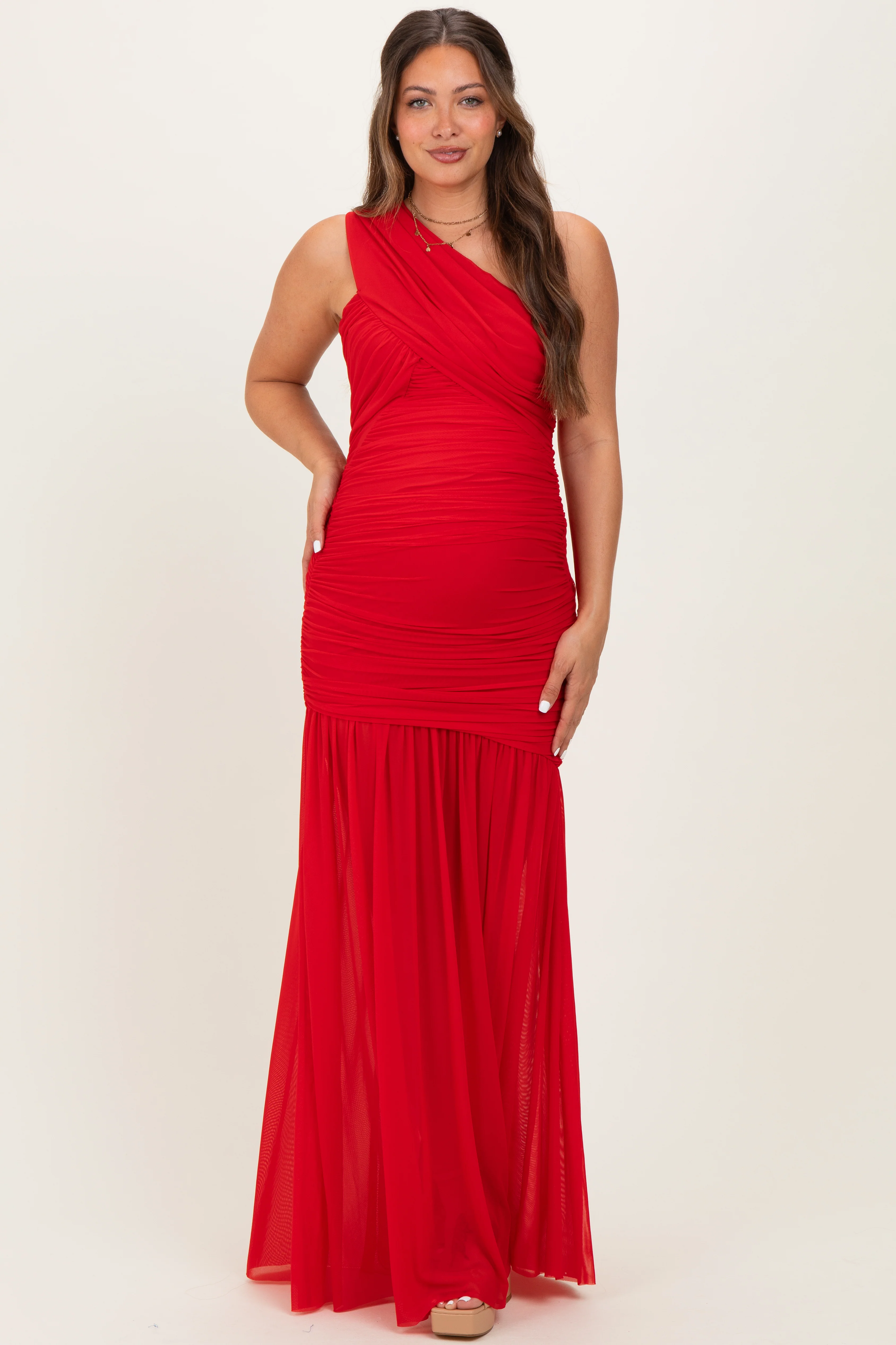 Red Ruched Mesh One Shoulder Maternity Maxi Dress - Image 3