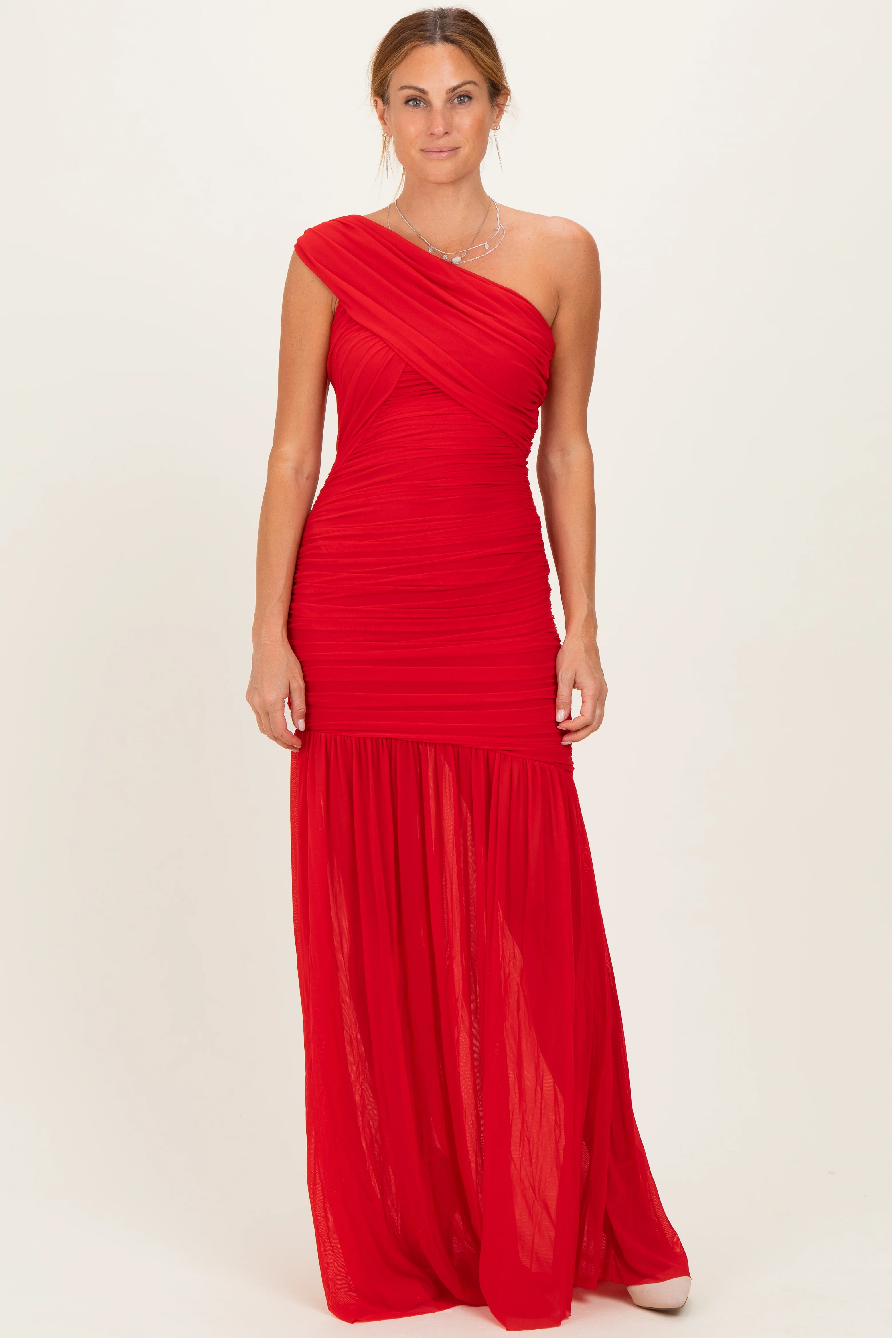 Red Ruched Mesh One Shoulder Maternity Maxi Dress - Image 5