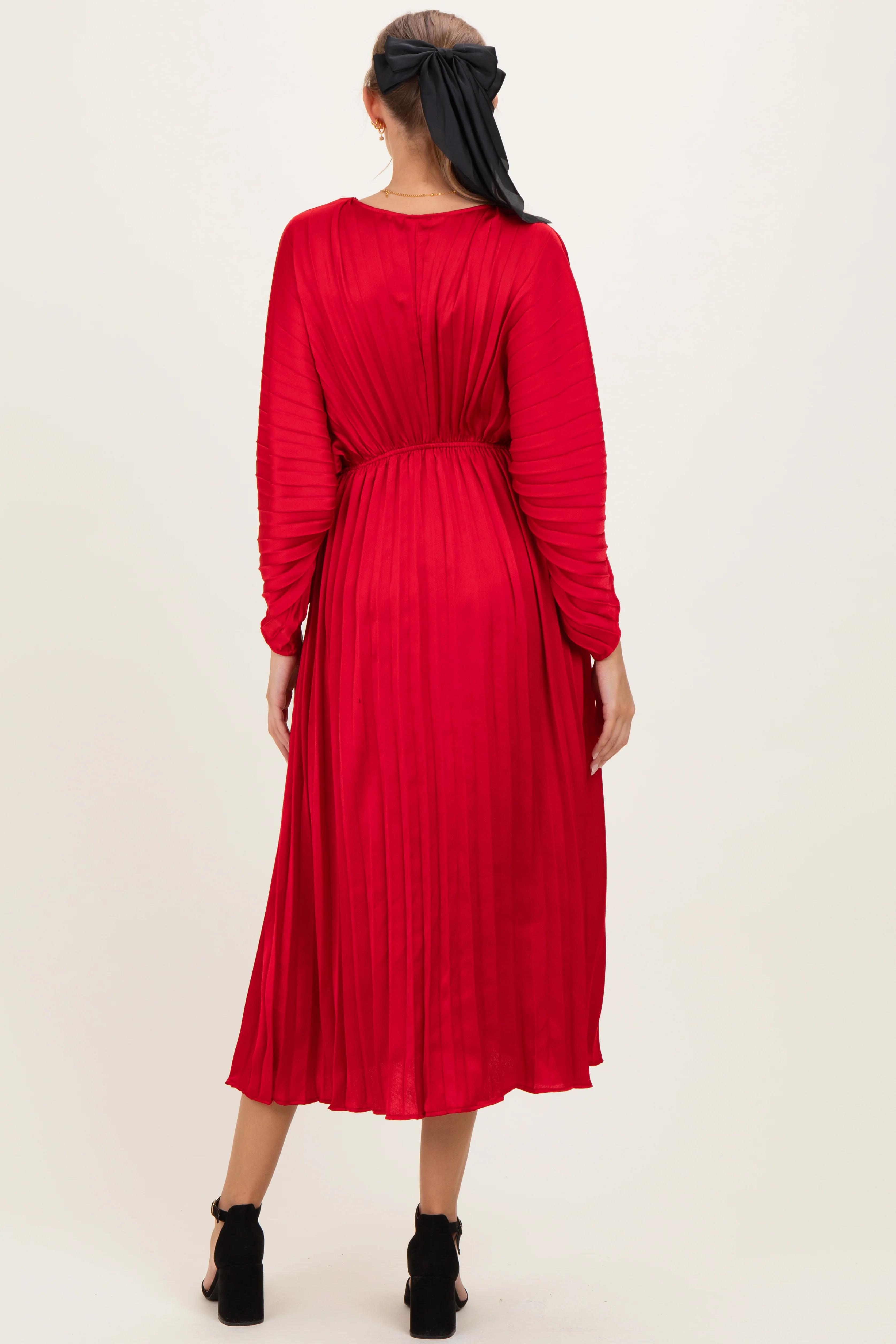 Red Satin Pleated V-Neck Maternity Maxi Dress - Image 3