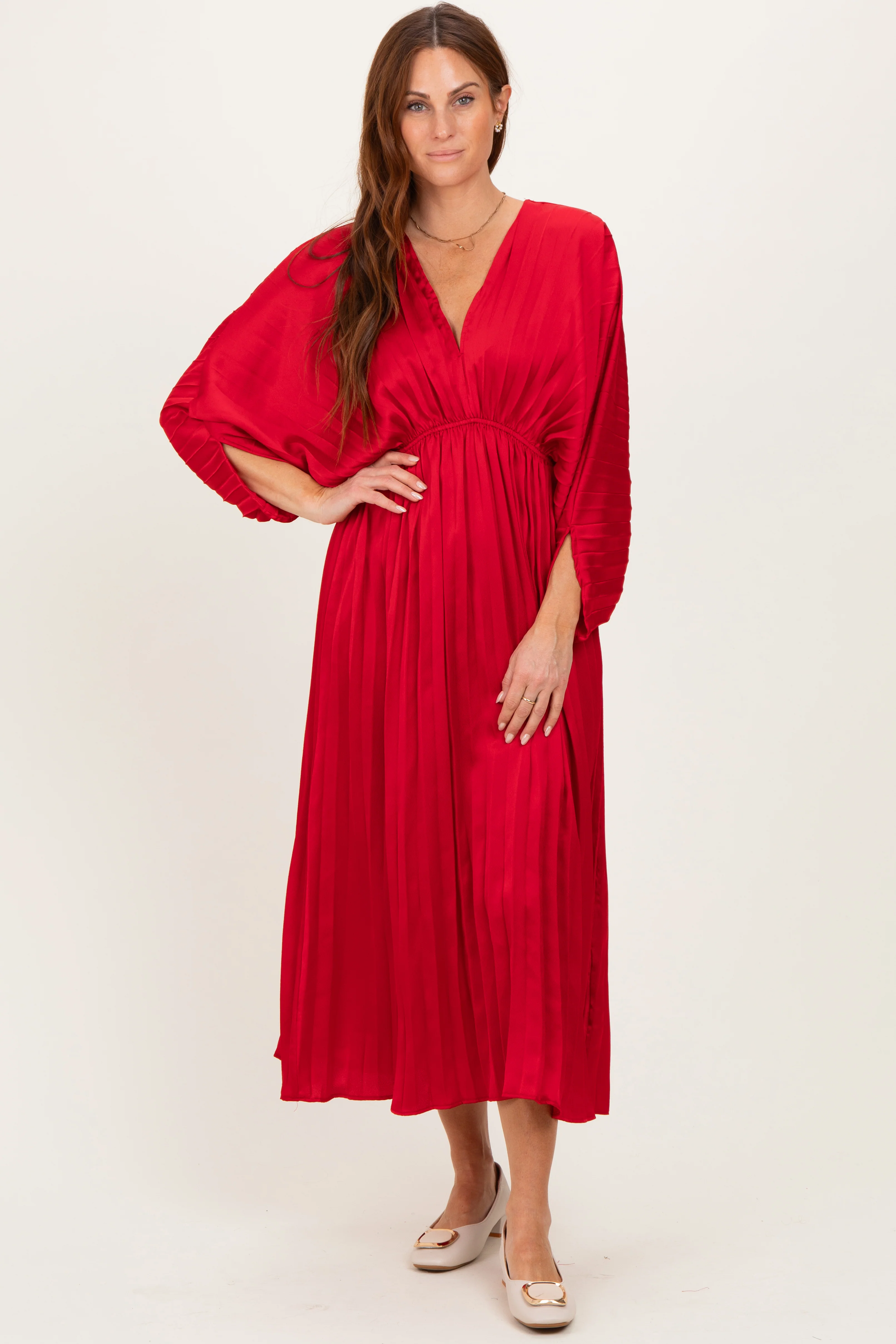Red Satin Pleated V-Neck Maternity Maxi Dress - Image 4