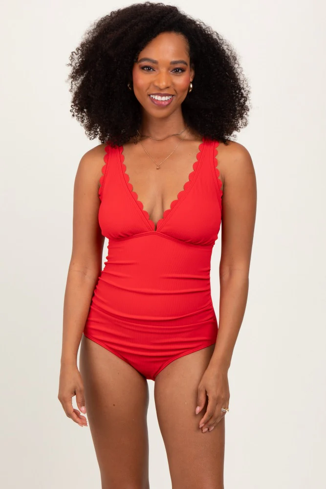 Red Scallop Trim Maternity One Piece Swimsuit - Image 6