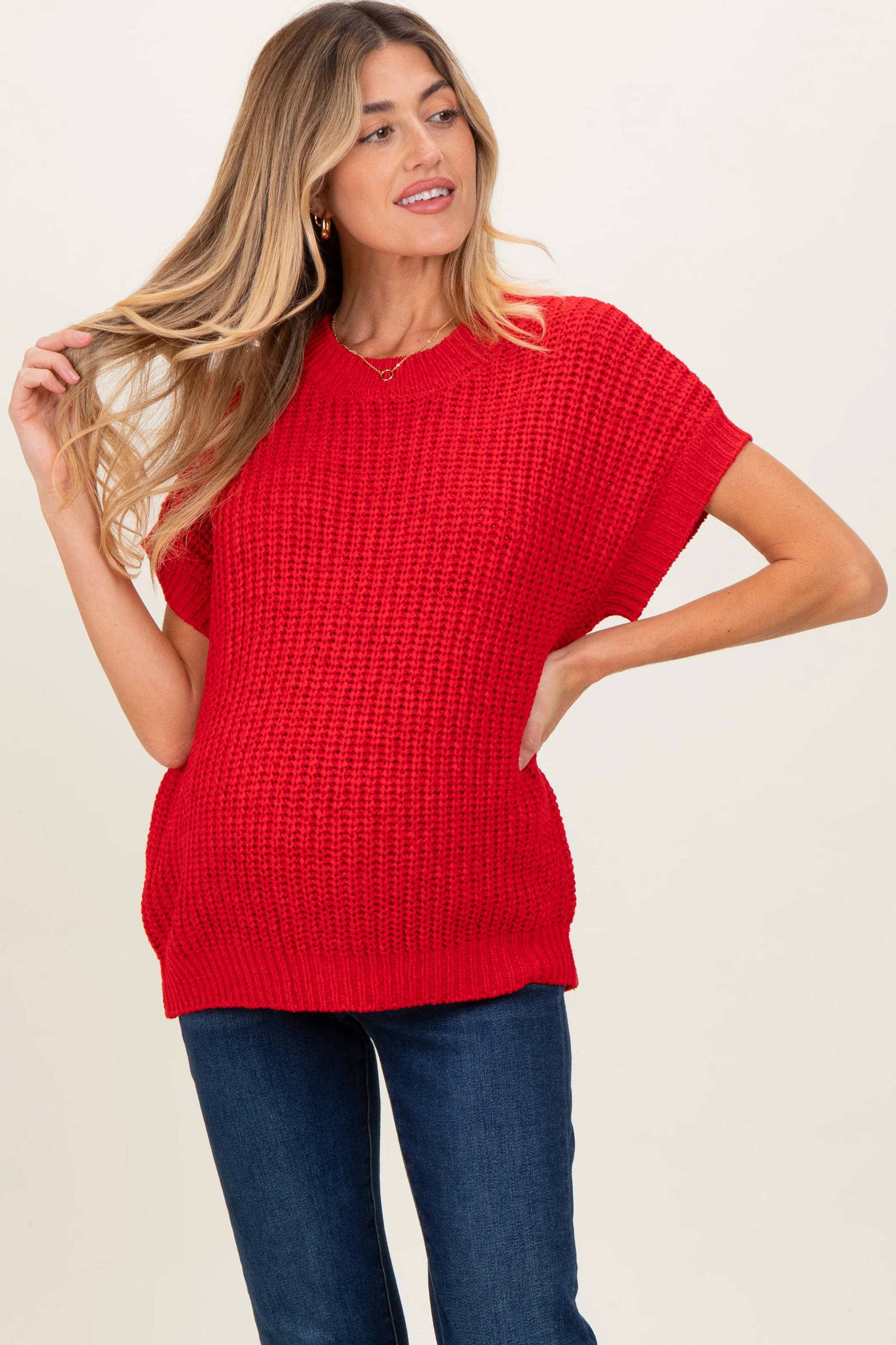 Red Short Sleeve Round Neck Maternity Sweater - Image 3