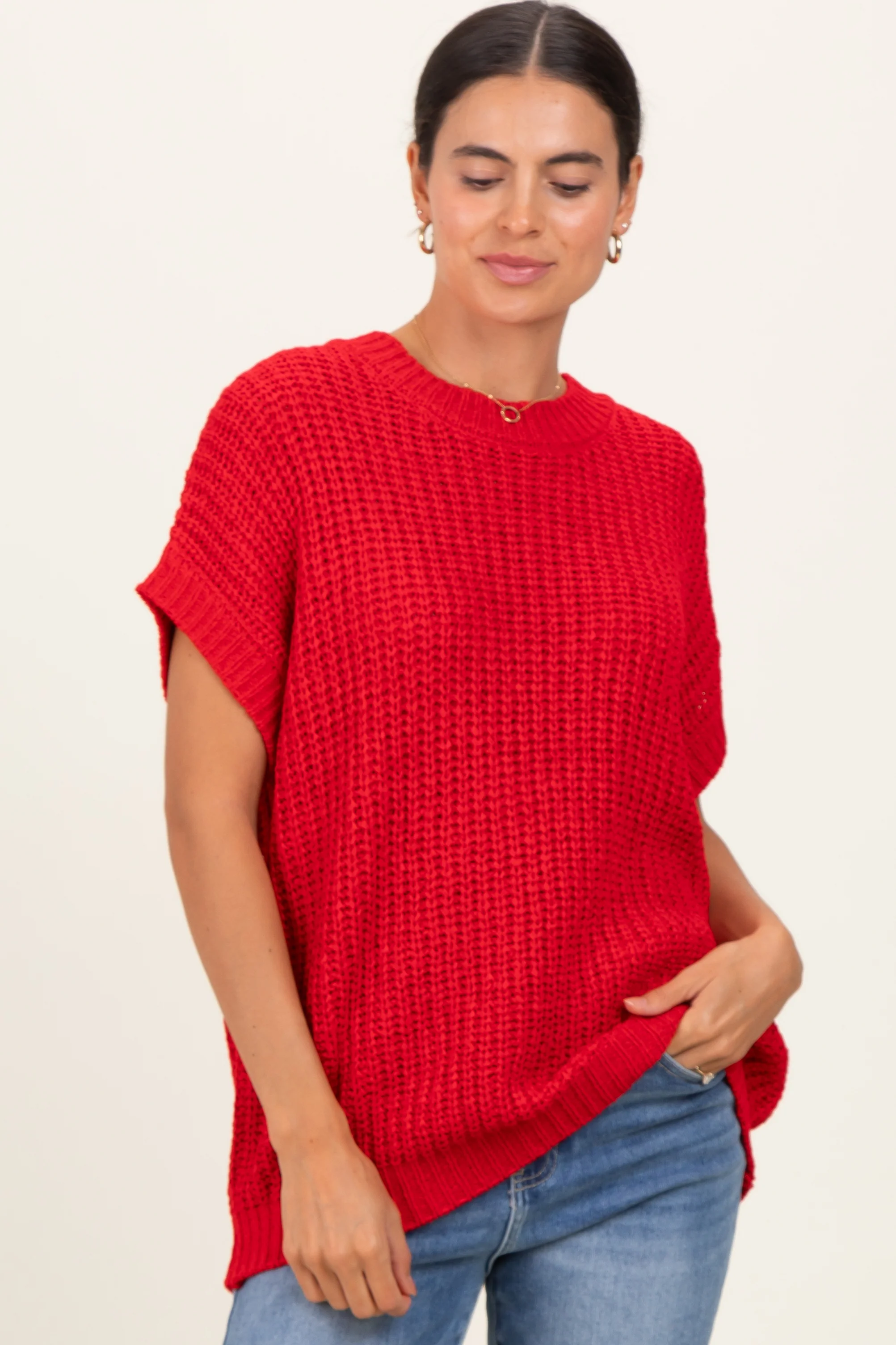 Red Short Sleeve Round Neck Maternity Sweater - Image 5