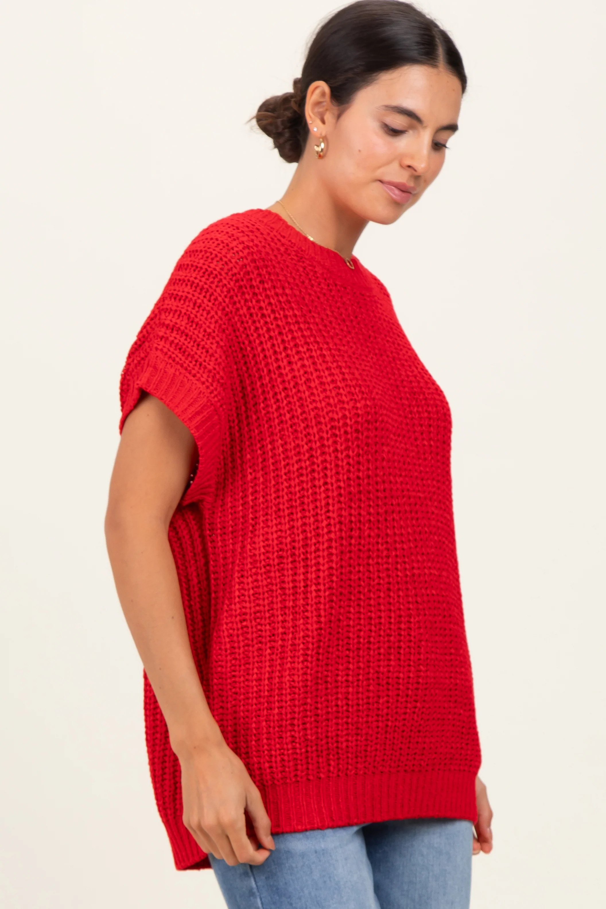 Red Short Sleeve Round Neck Sweater - Image 3