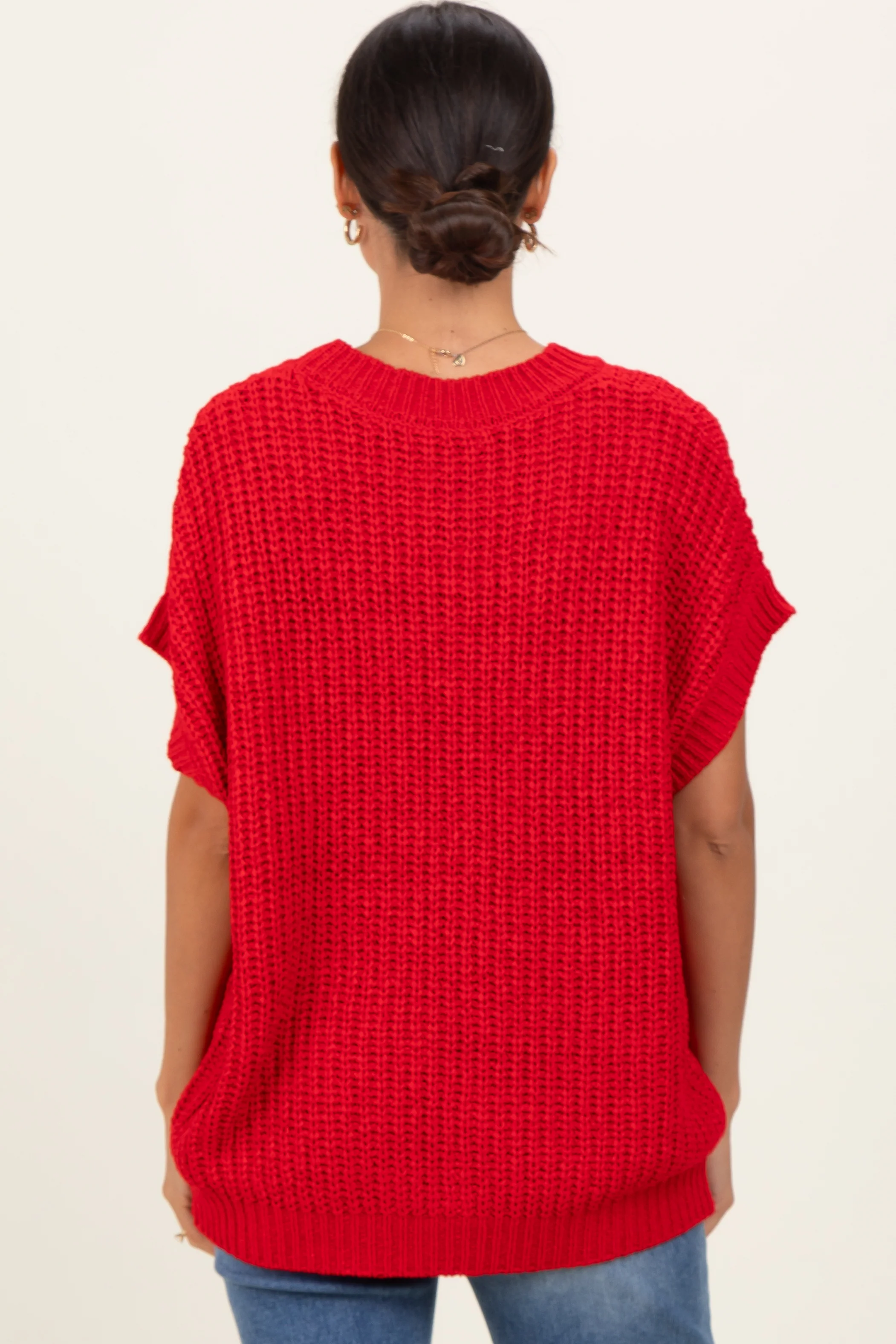 Red Short Sleeve Round Neck Sweater - Image 4