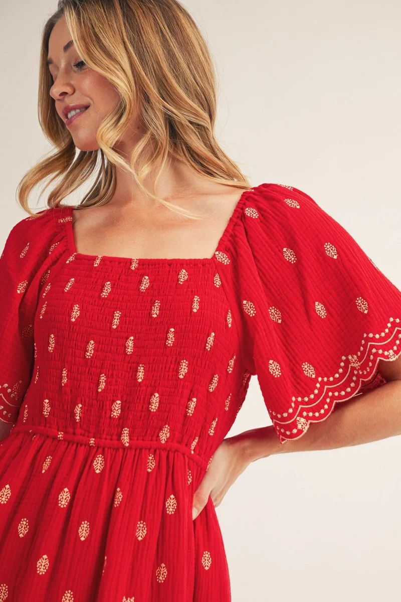 Red Smocked Embroidered Midi Dress - Image 4