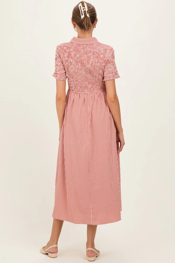 Red Smocked Gingham Collared Maternity Midi Dress - Image 5