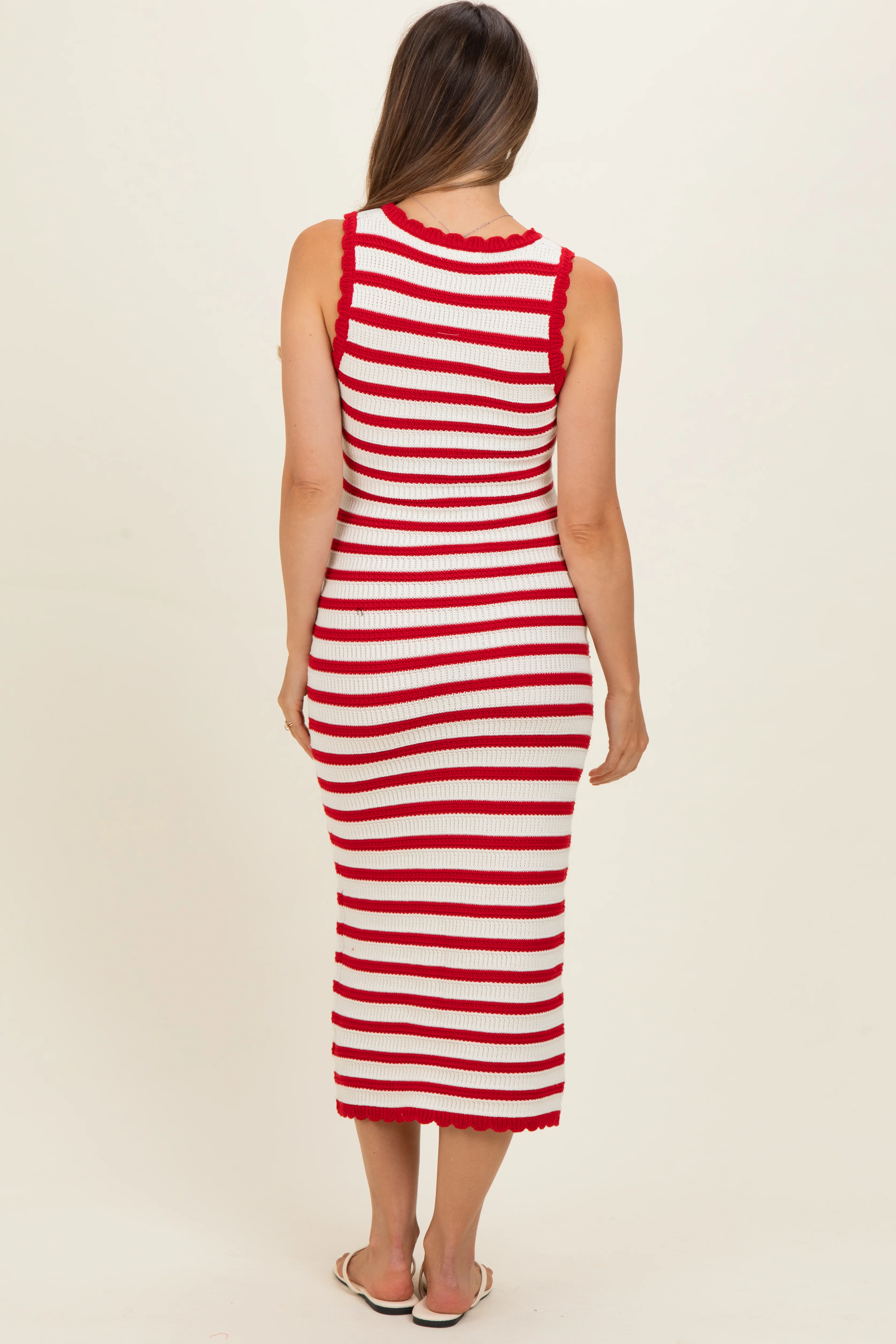 Red Striped Crochet Knit Maternity Midi Dress - Image 4