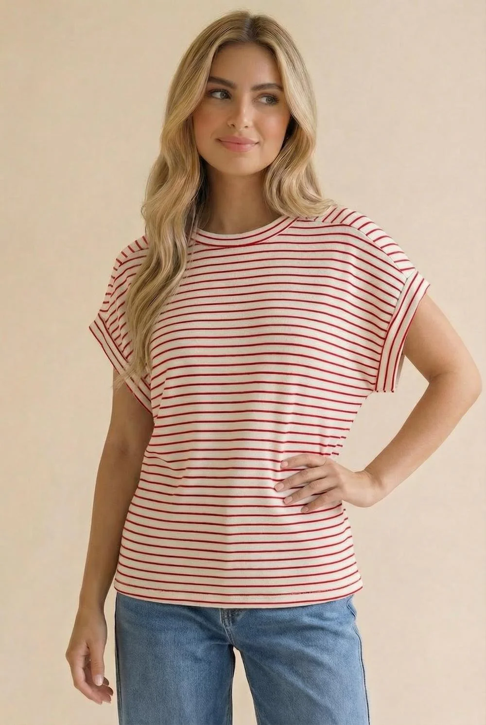 Red Striped Dolman Short Sleeve Top