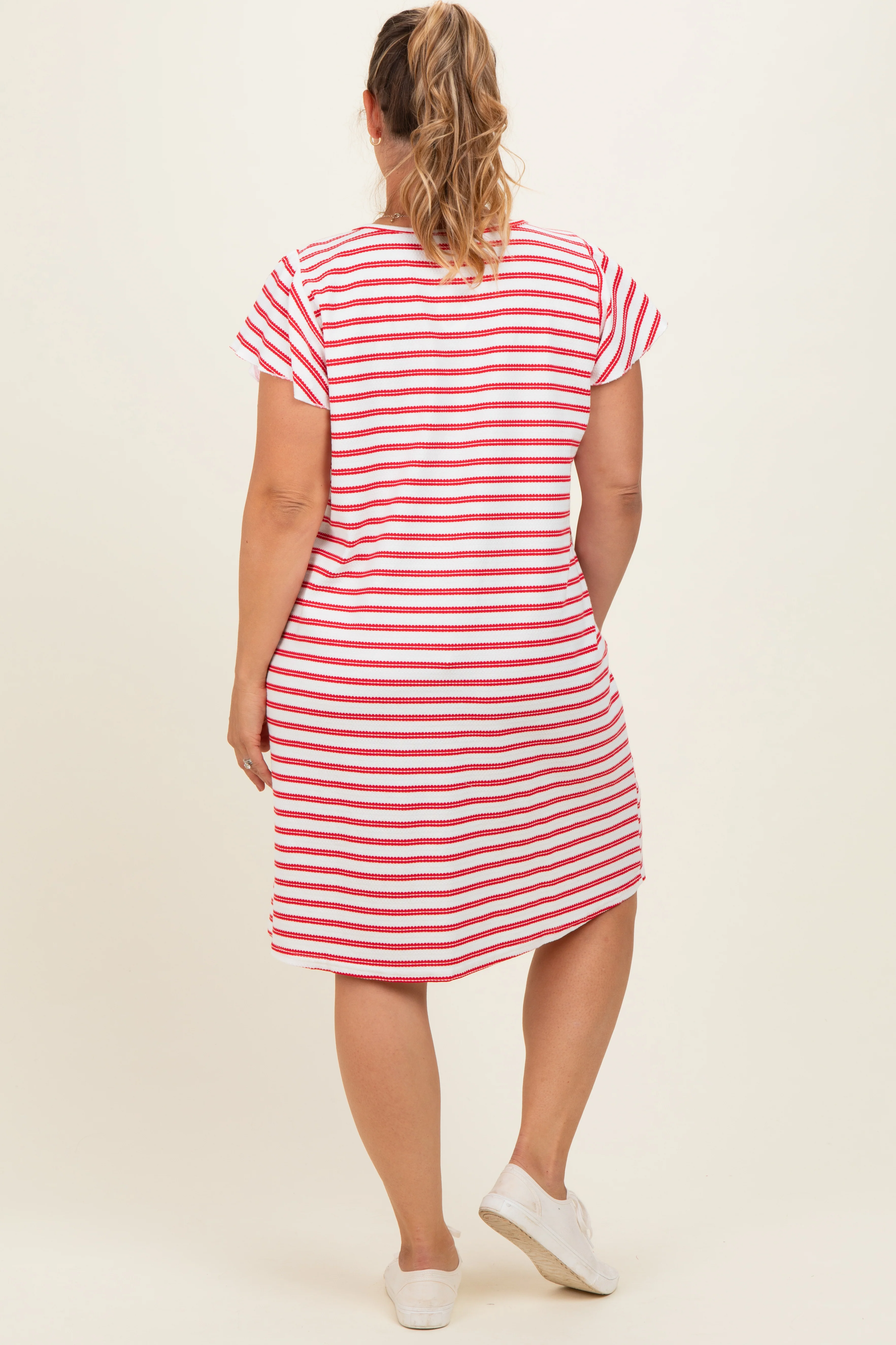 Red Striped Flutter Sleeve Maternity Plus T-Shirt Dress - Image 4