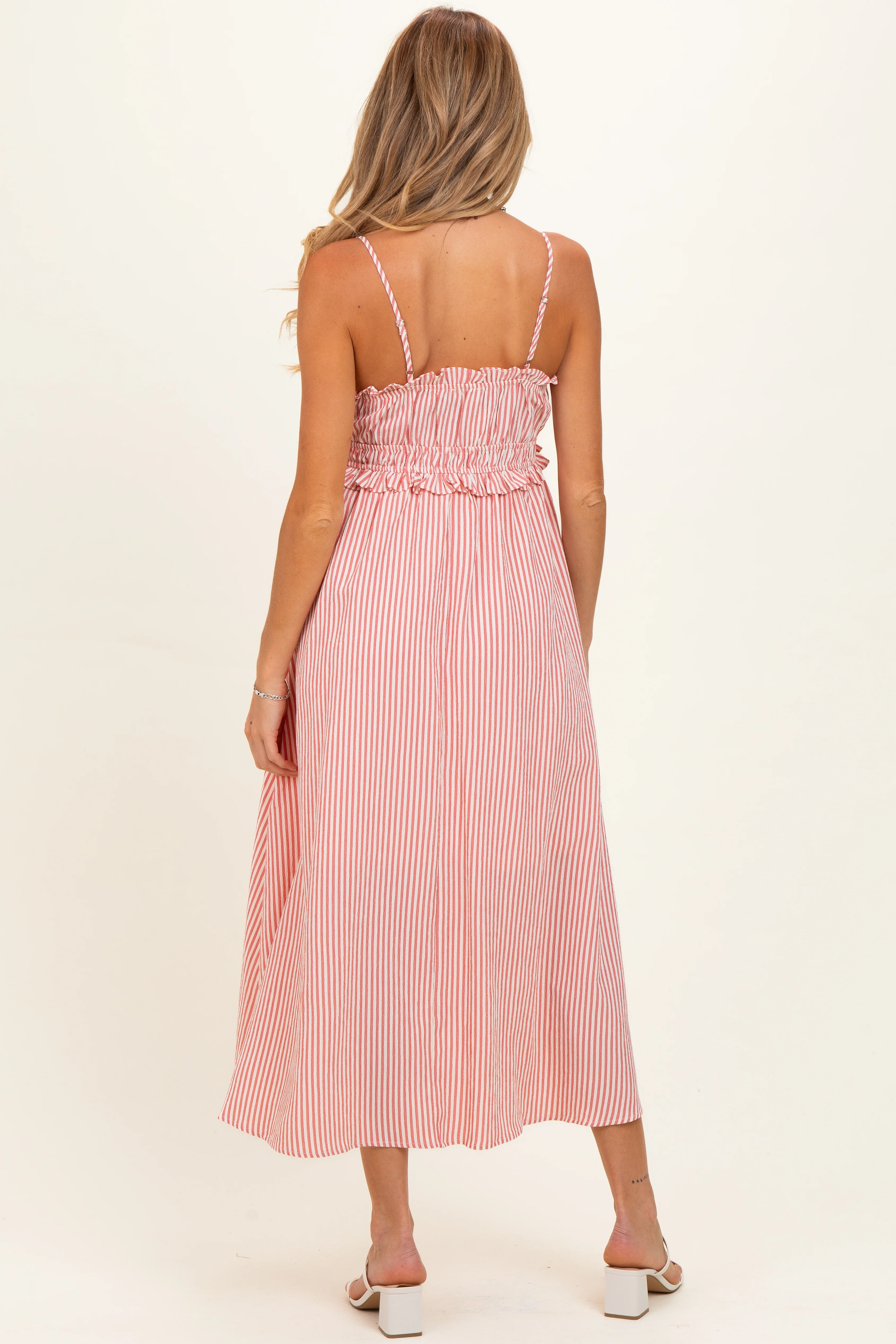 Red Striped Front Tie Cutout Ruffle Maternity Midi Dress - Image 3