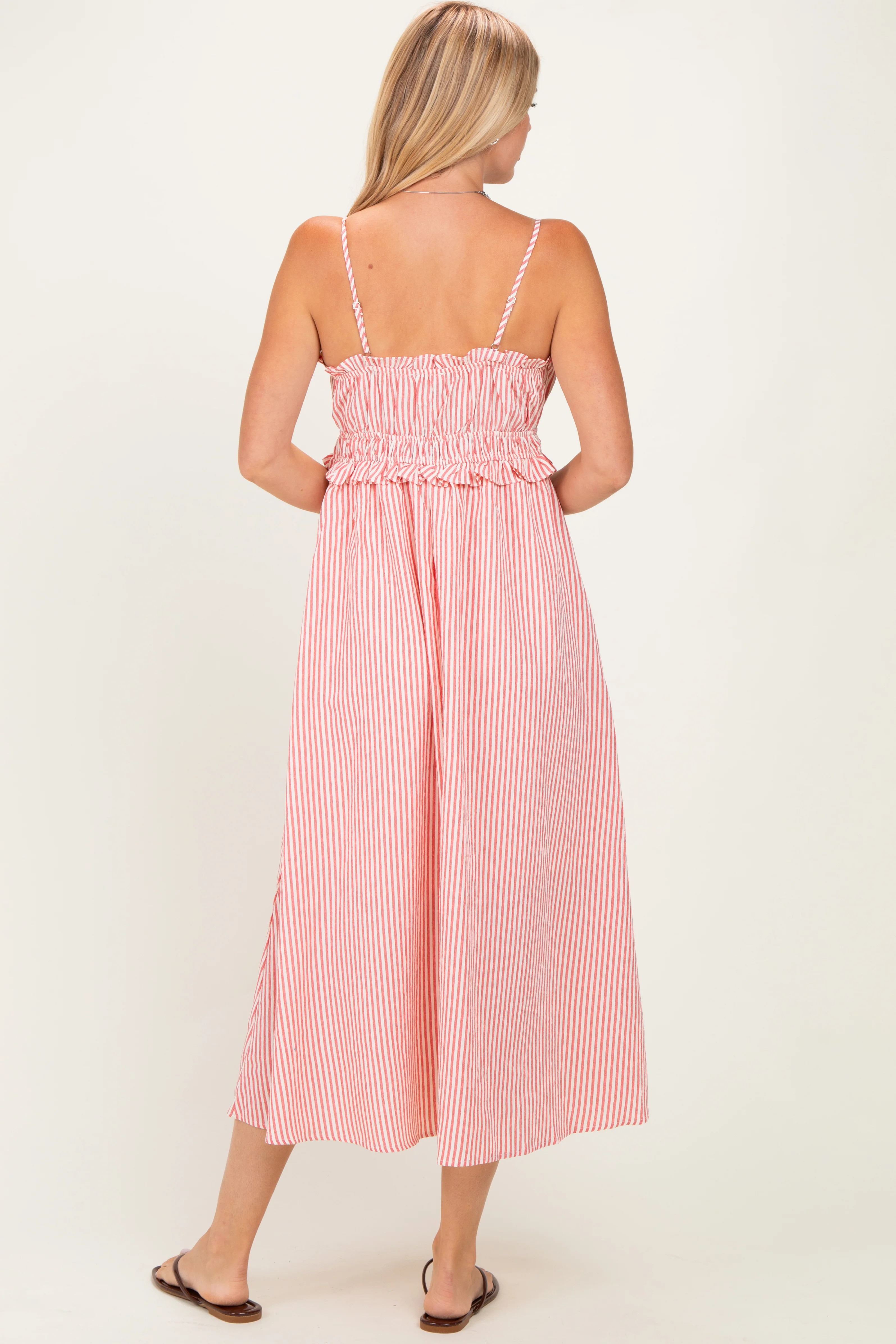 Red Striped Front Tie Cutout Ruffle Midi Dress - Image 3