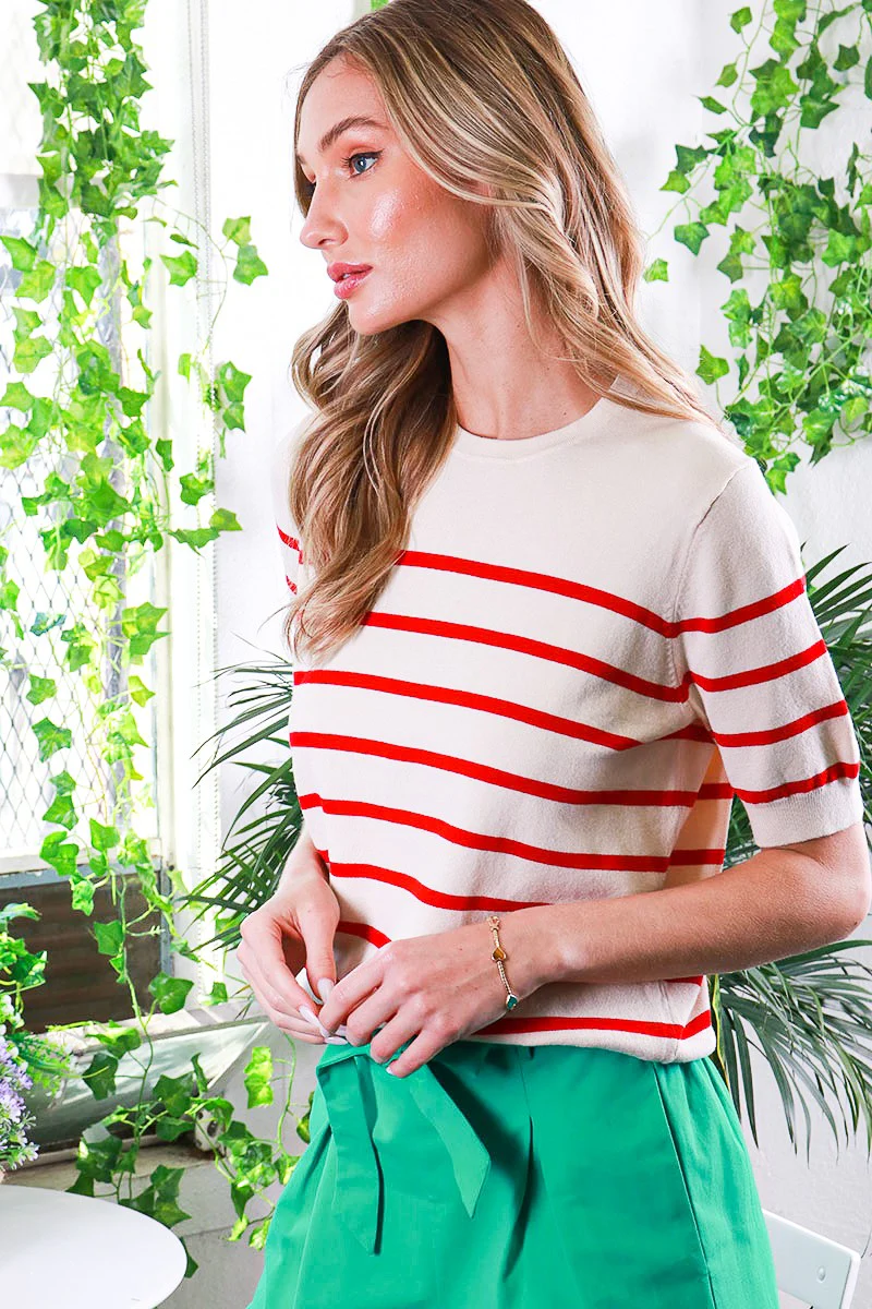 Red Striped Knit Short Sleeve Top - Image 2
