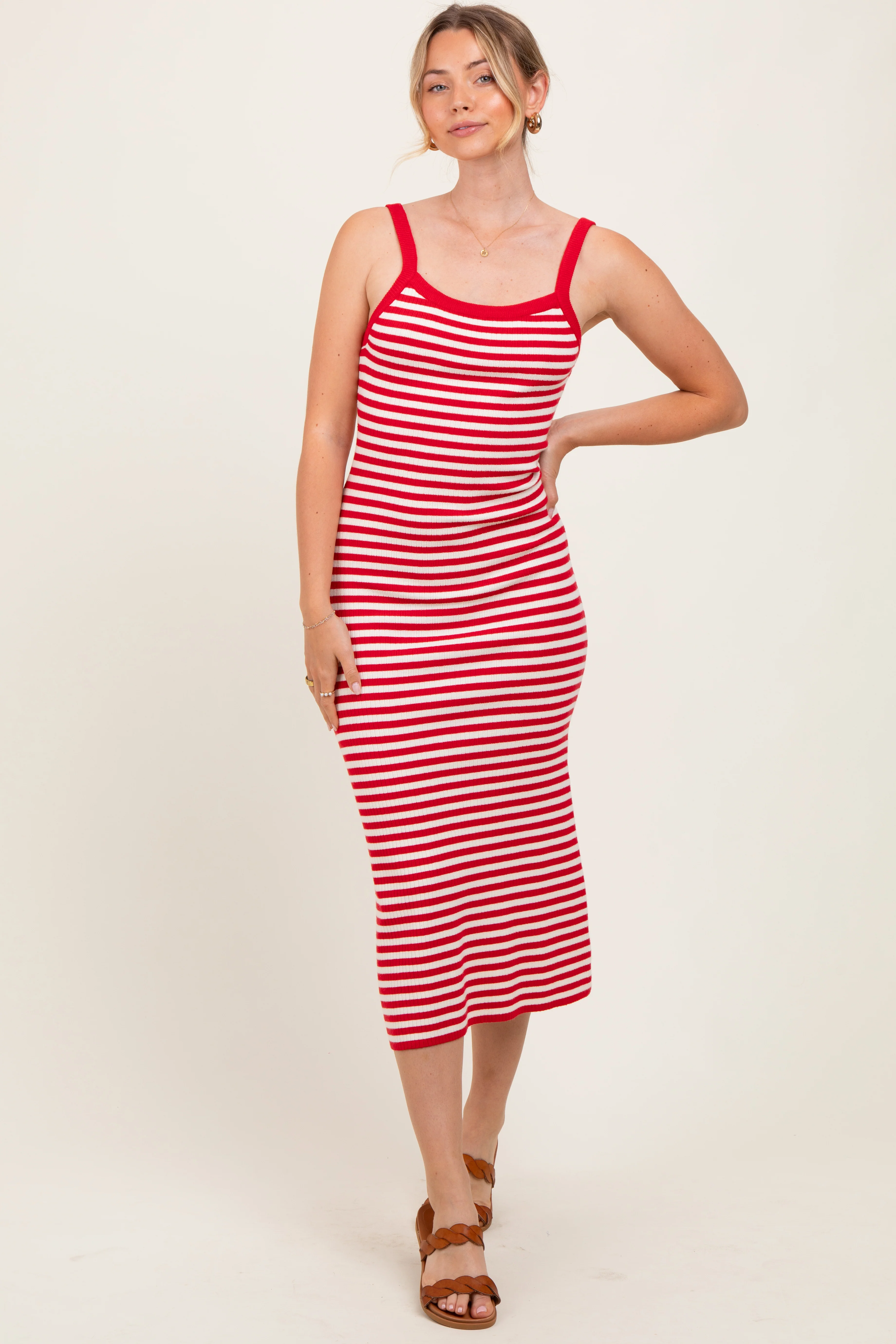 Red Striped Knit Sleeveless Midi Dress - Image 2