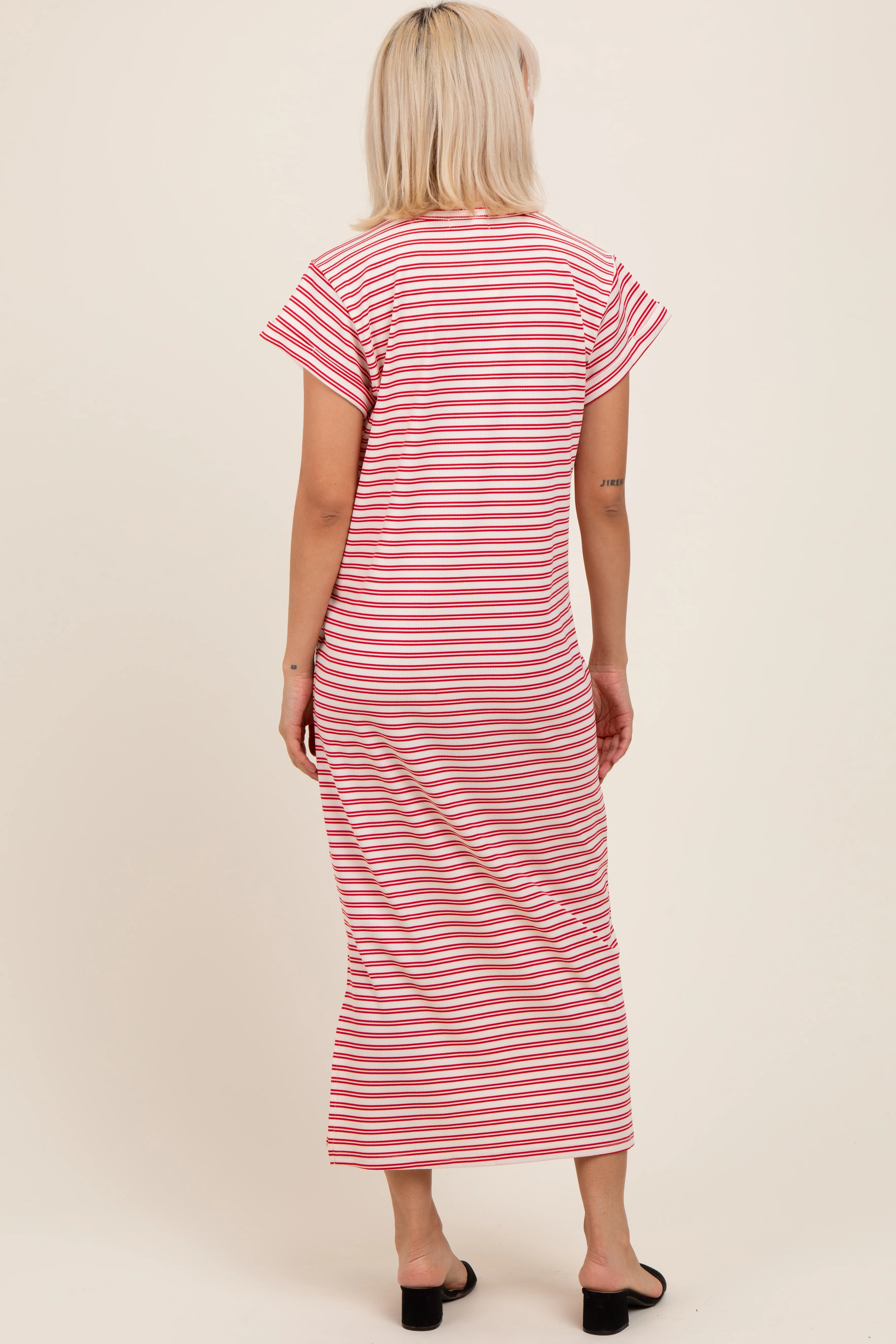 Red Striped Maternity Midi T-Shirt Dress - Image 4