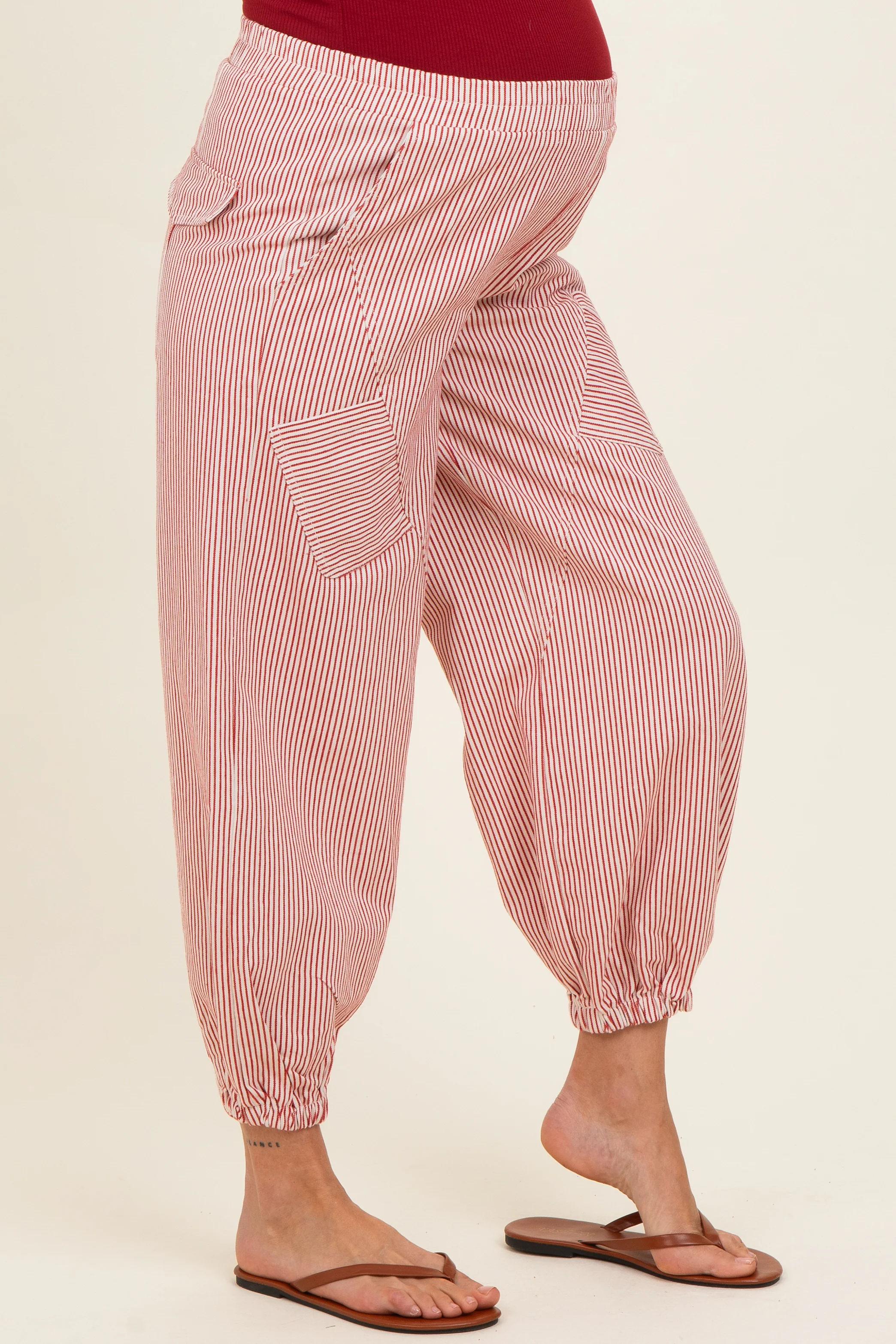 Red Striped Patch Pocket Maternity Pants - Image 3