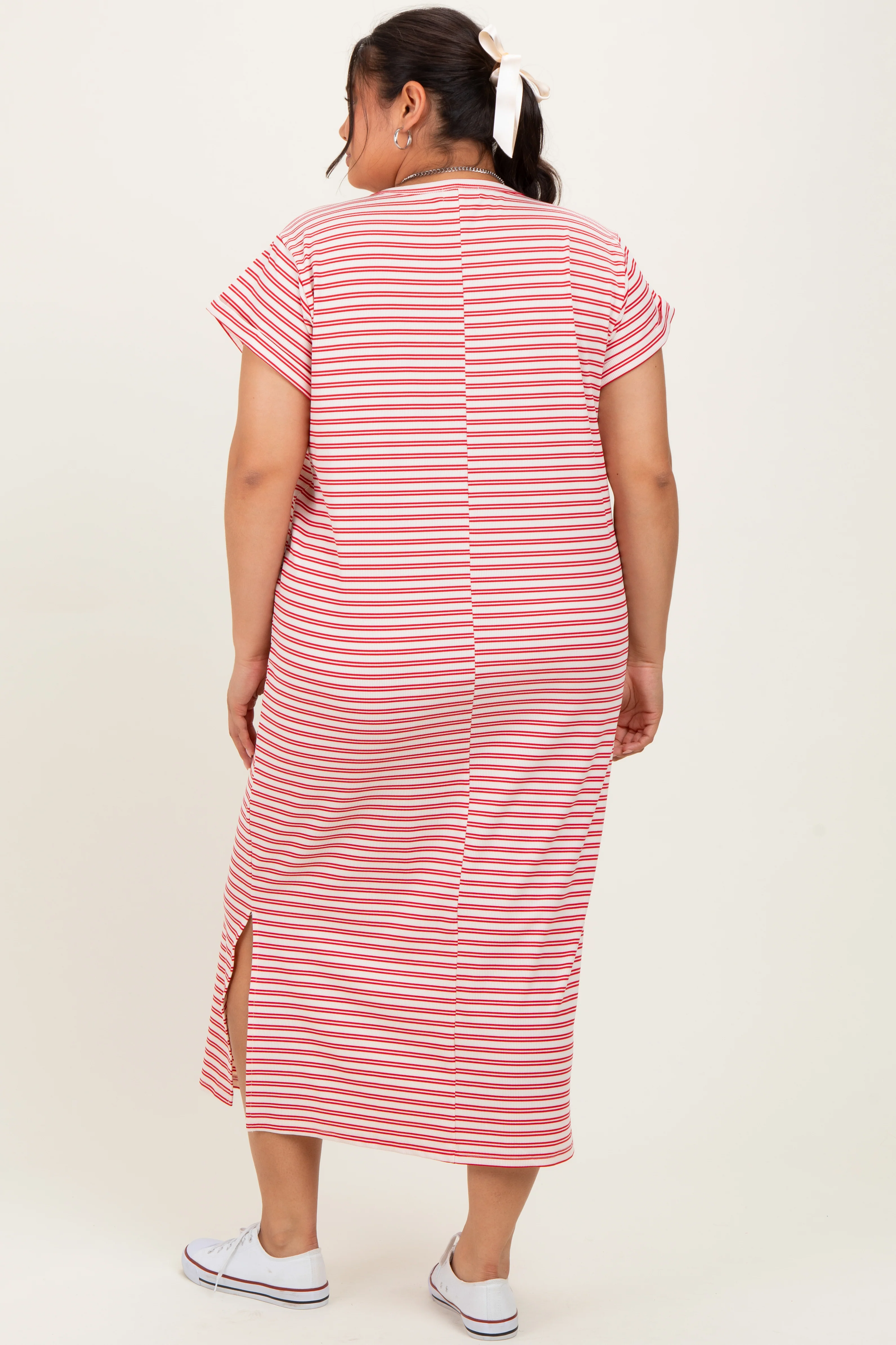 Red Striped Plus Midi T-Shirt Dress - Image 4