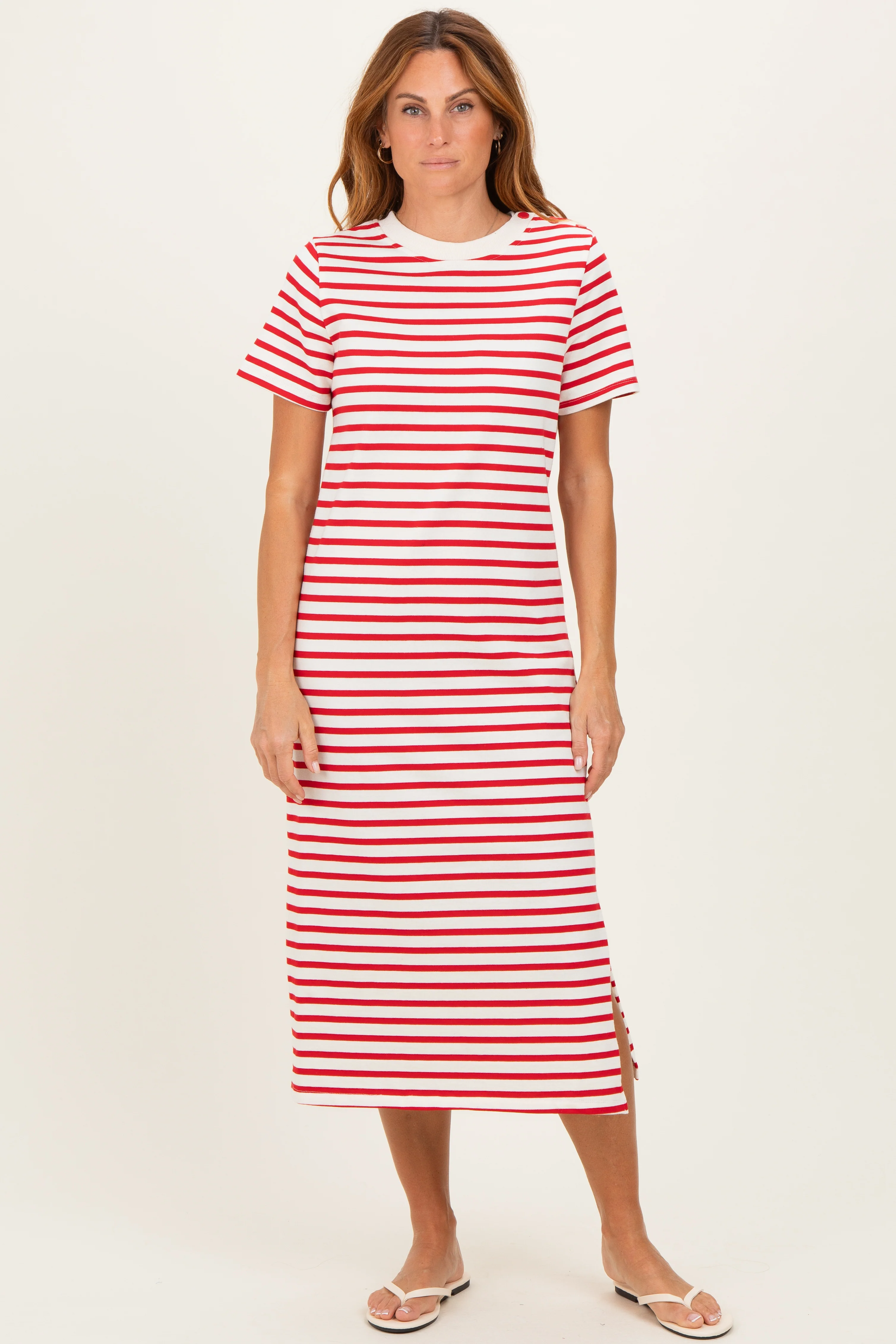 Red Striped Short Sleeve Maternity Midi Dress - Image 5