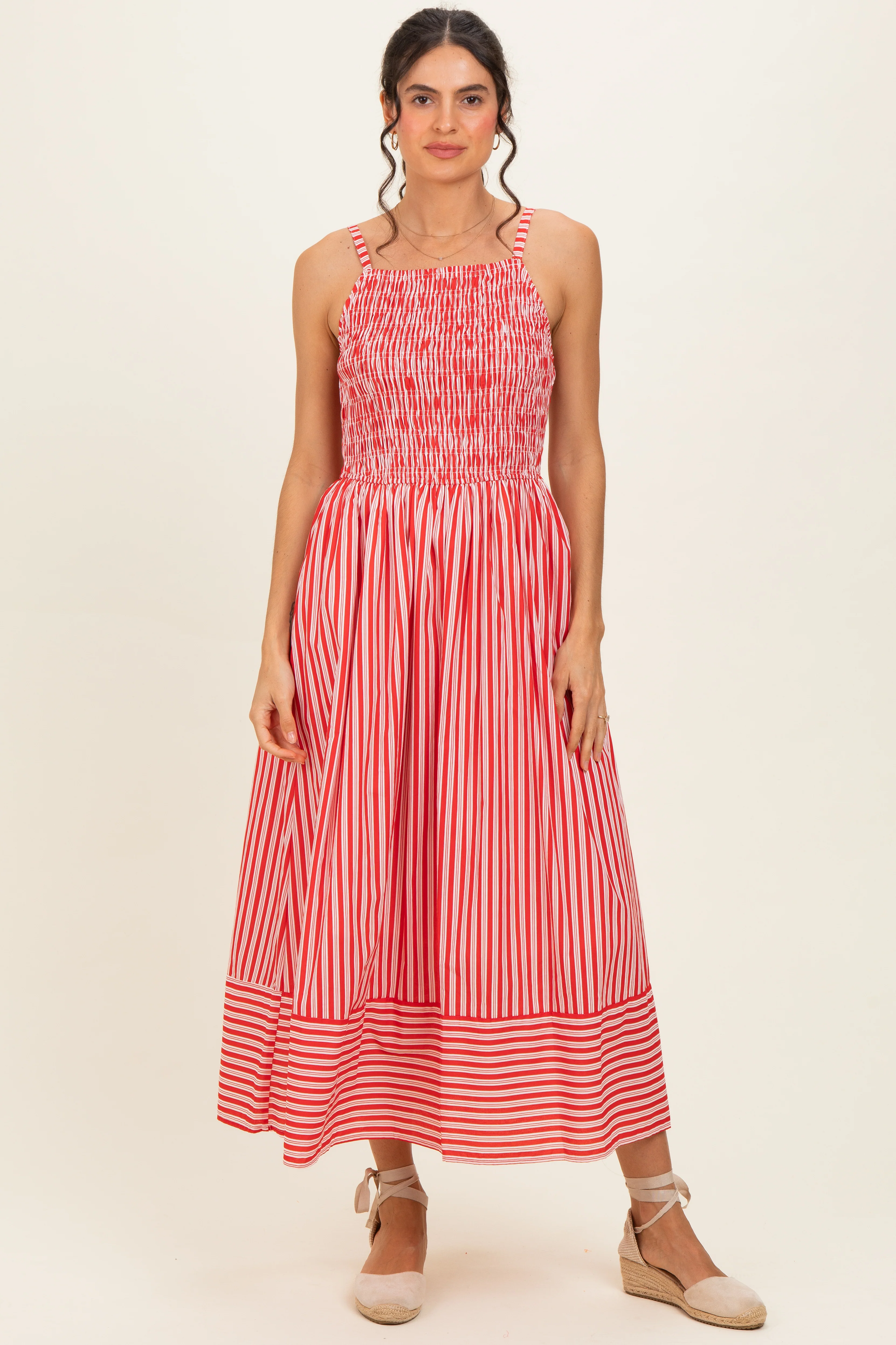 Red Striped Smocked Maternity Midi Dress - Image 4
