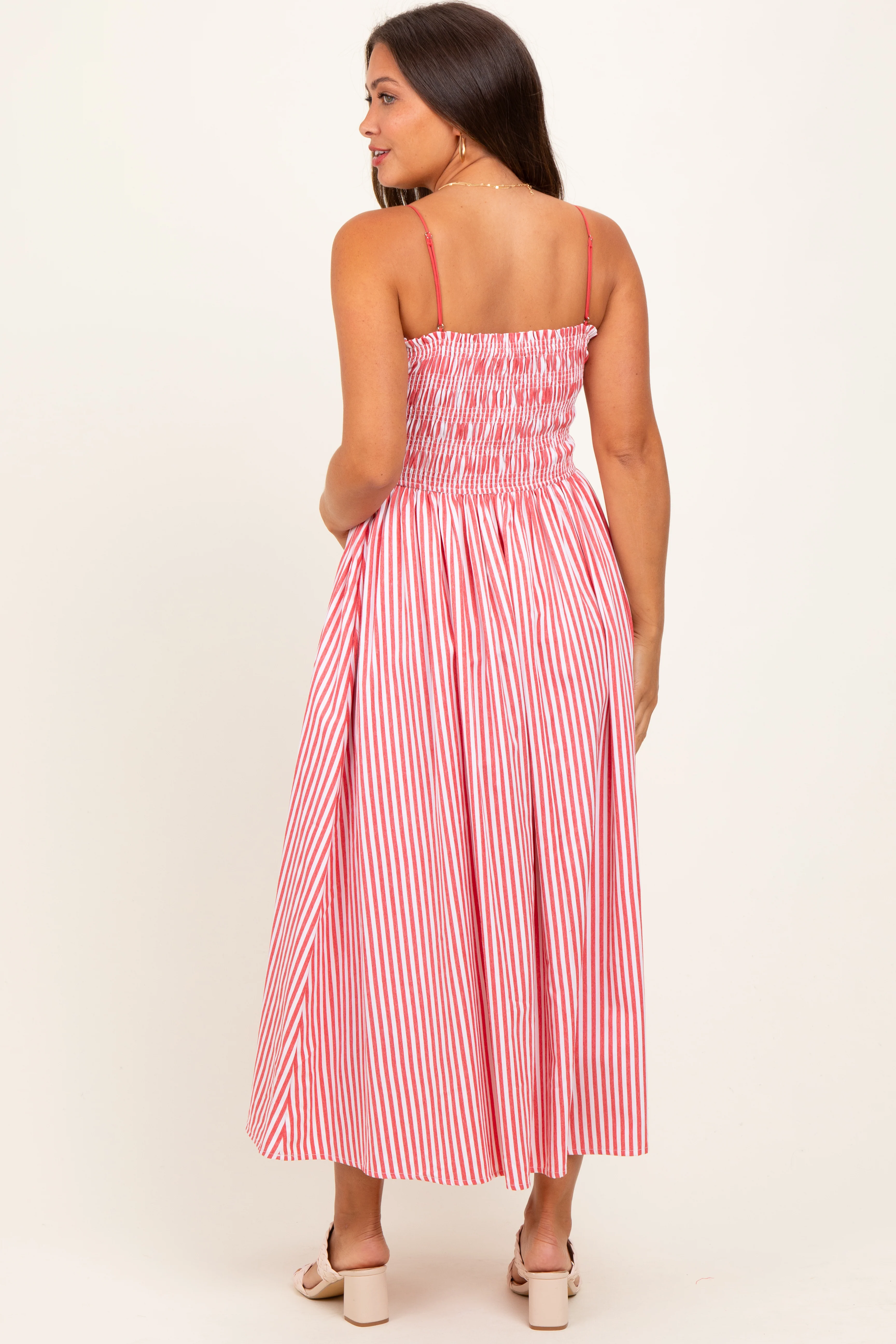 Red Striped Smocked Maternity Midi Dress - Image 3