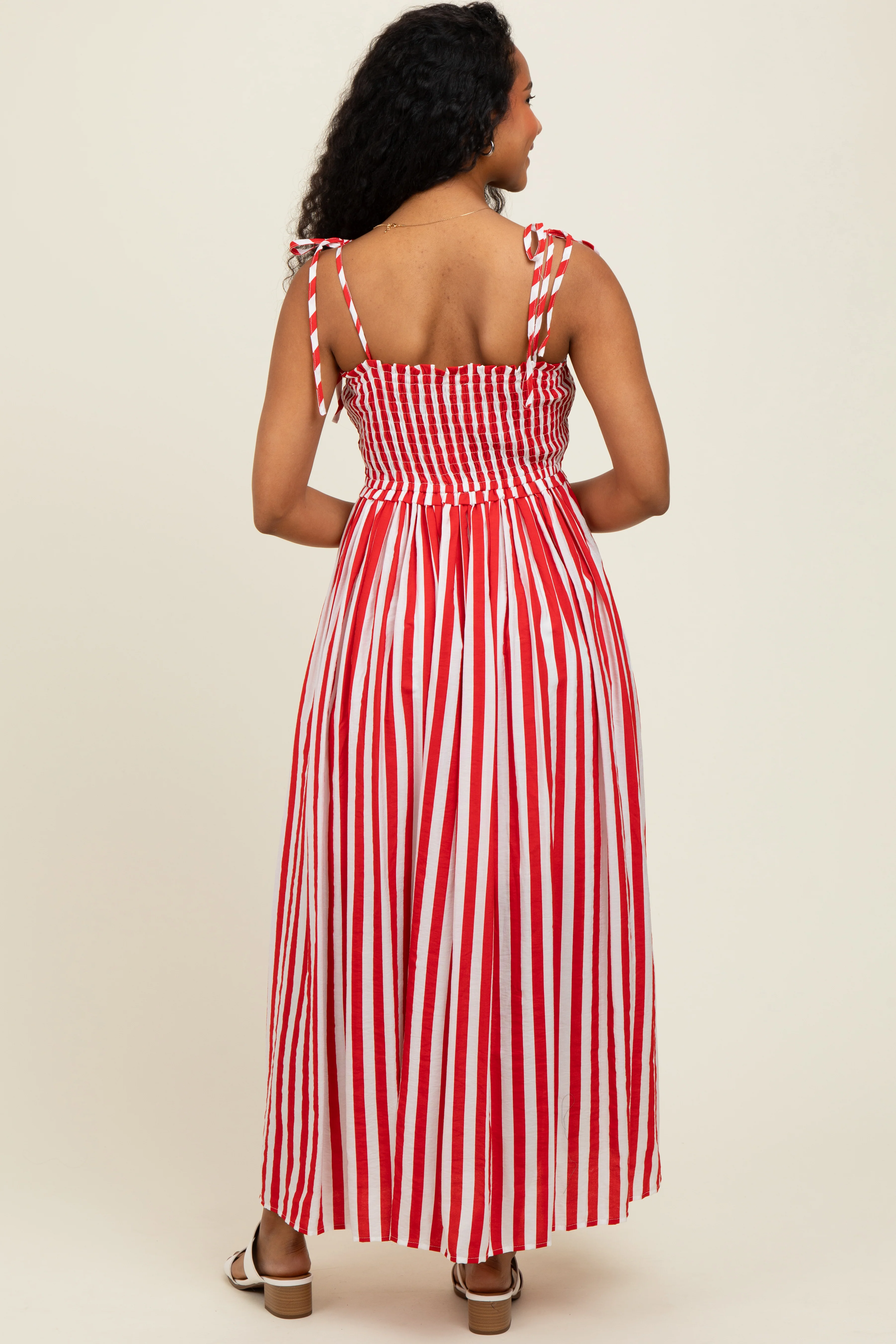 Red Striped Smocked Shoulder Tie Midi Dress - Image 4