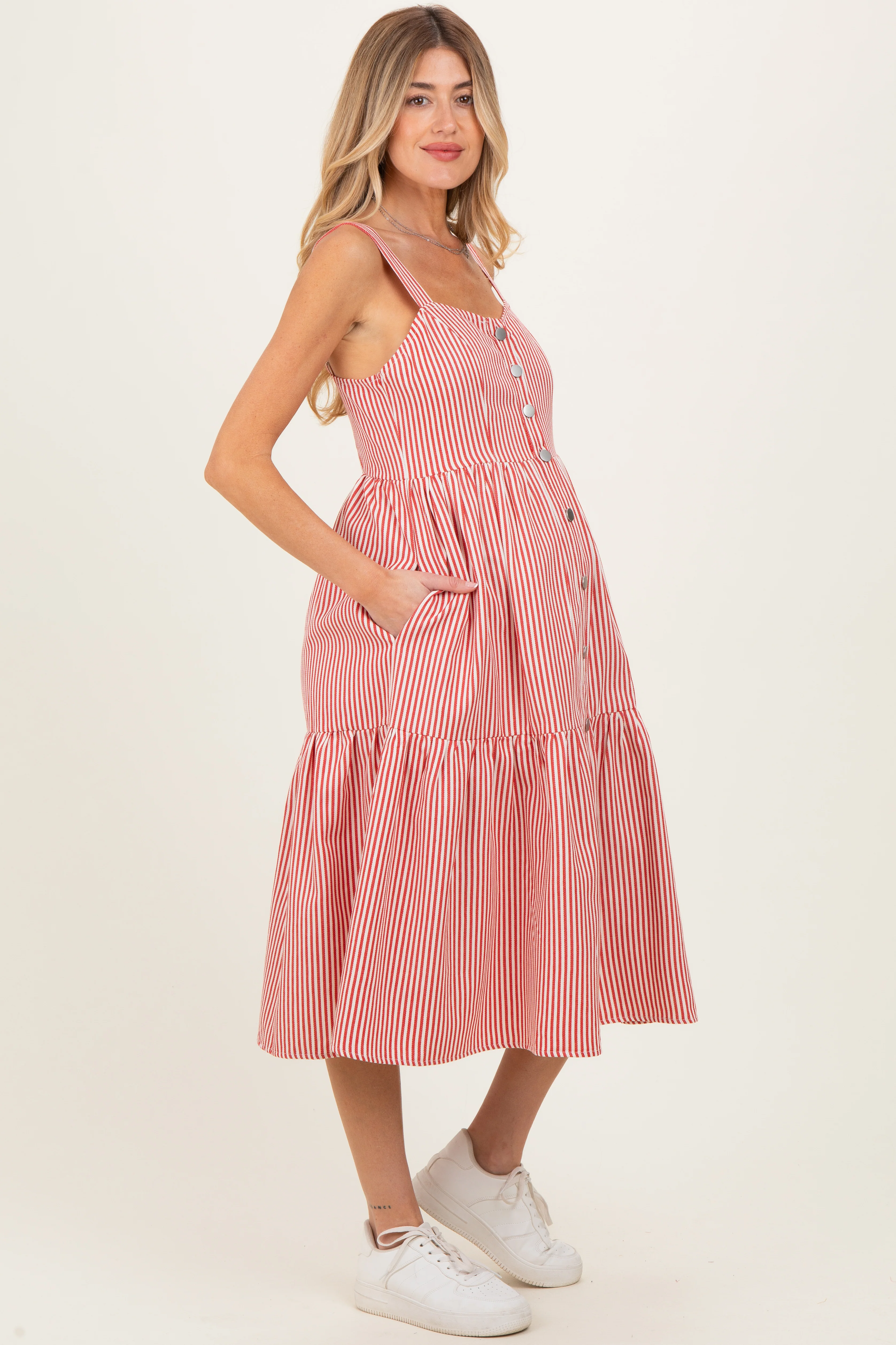 Red Striped Tiered Maternity Overall Dress - Image 3