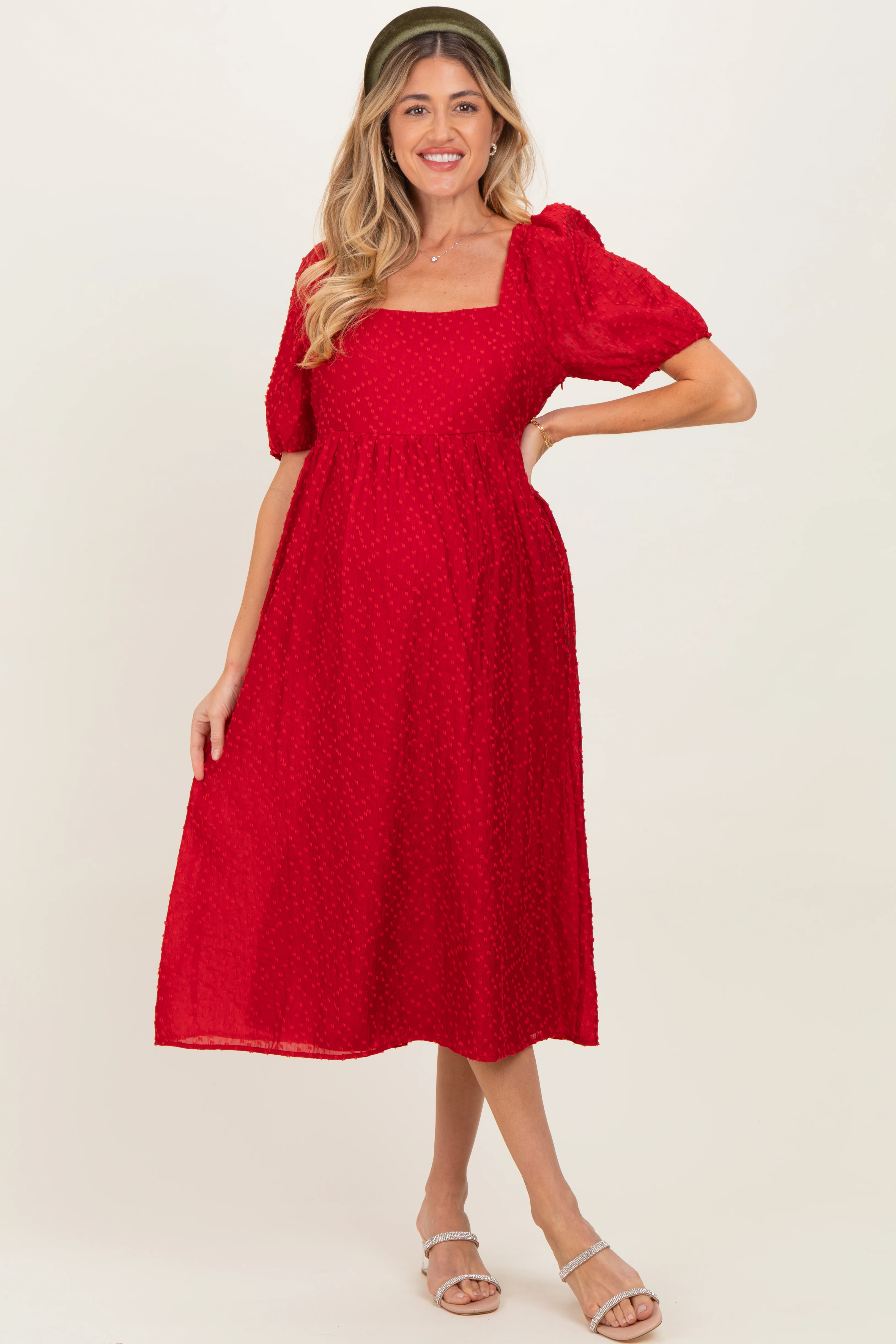 Red Swiss Dot Puff Sleeve Maternity Midi Dress - Image 3