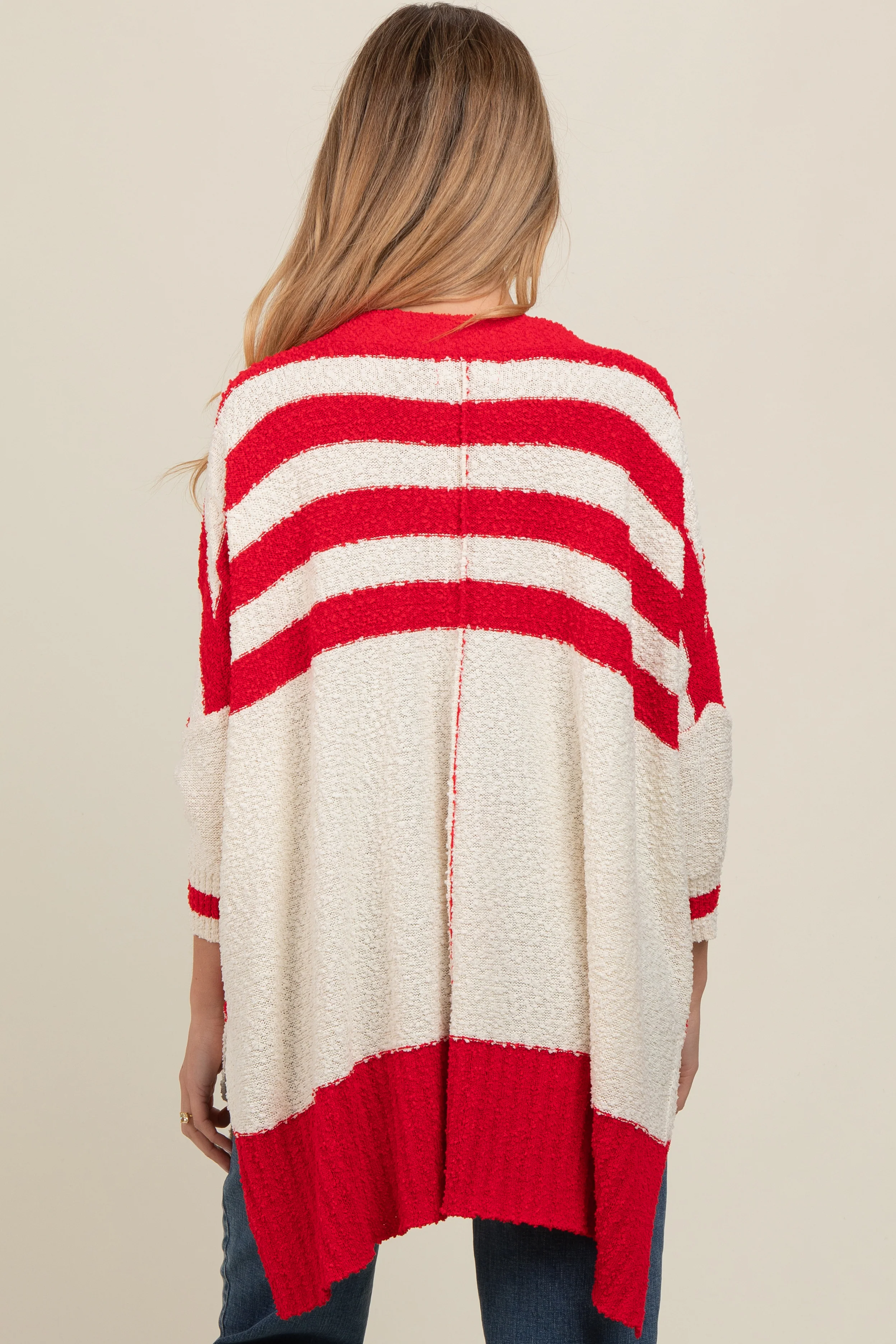 Red Textured Knit Striped Oversized Maternity Cardigan - Image 3
