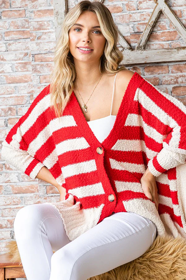 Red Textured Knit Striped Oversized Maternity Cardigan - Image 5
