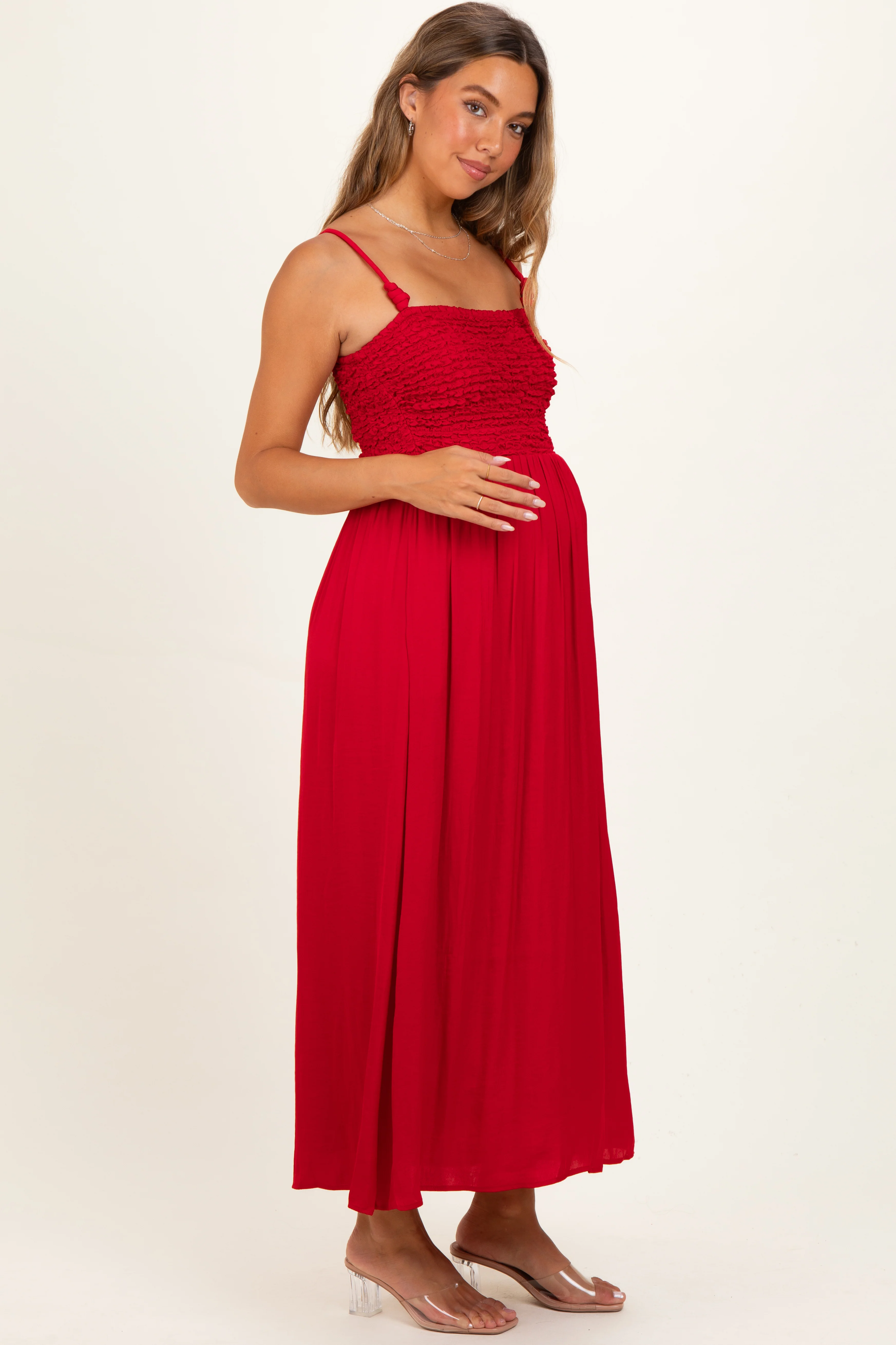 Red Textured Smocked Maternity Maxi Dress - Image 2