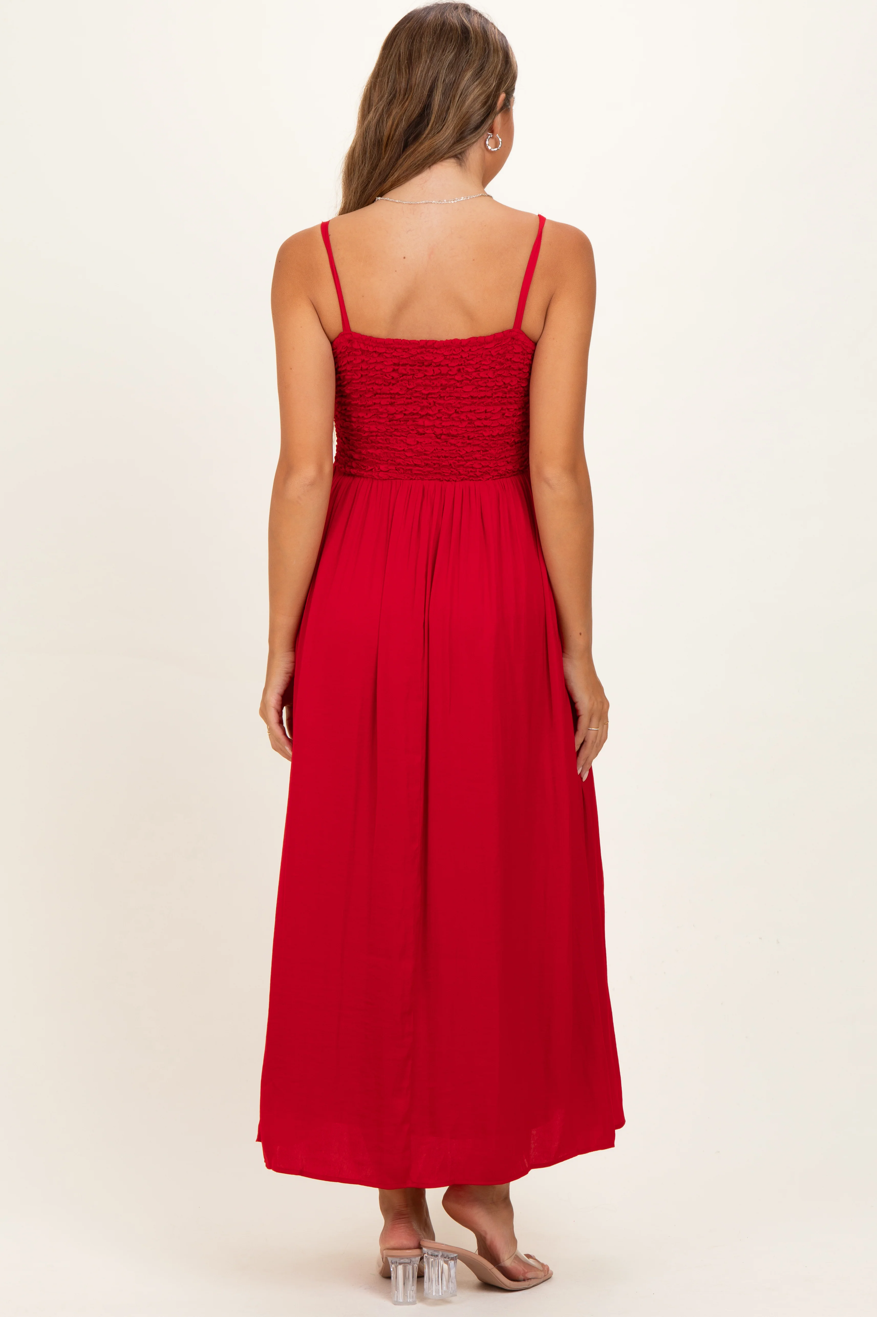 Red Textured Smocked Maternity Maxi Dress - Image 3