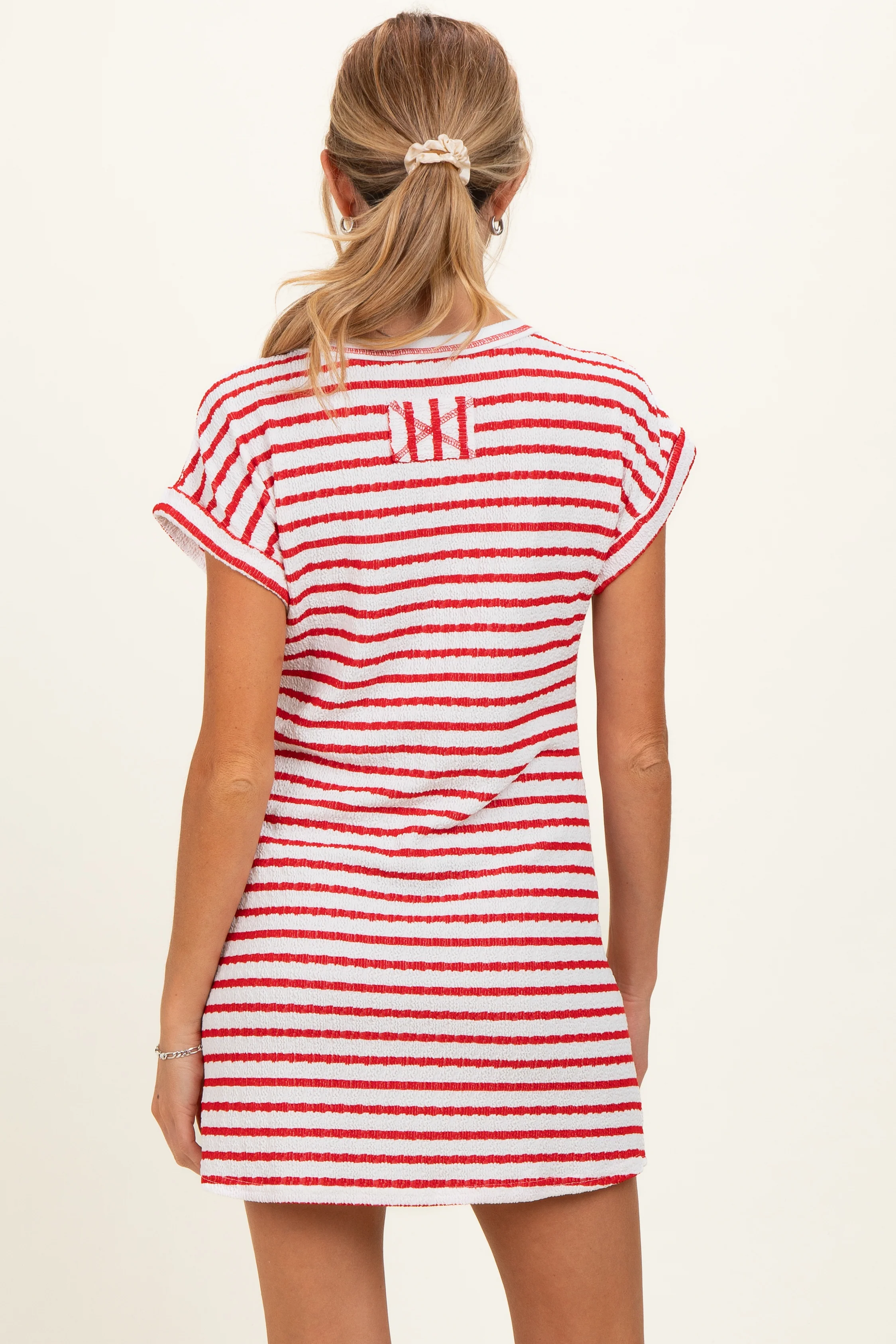 Red Textured Stripe Knit Maternity T-Shirt Dress - Image 4