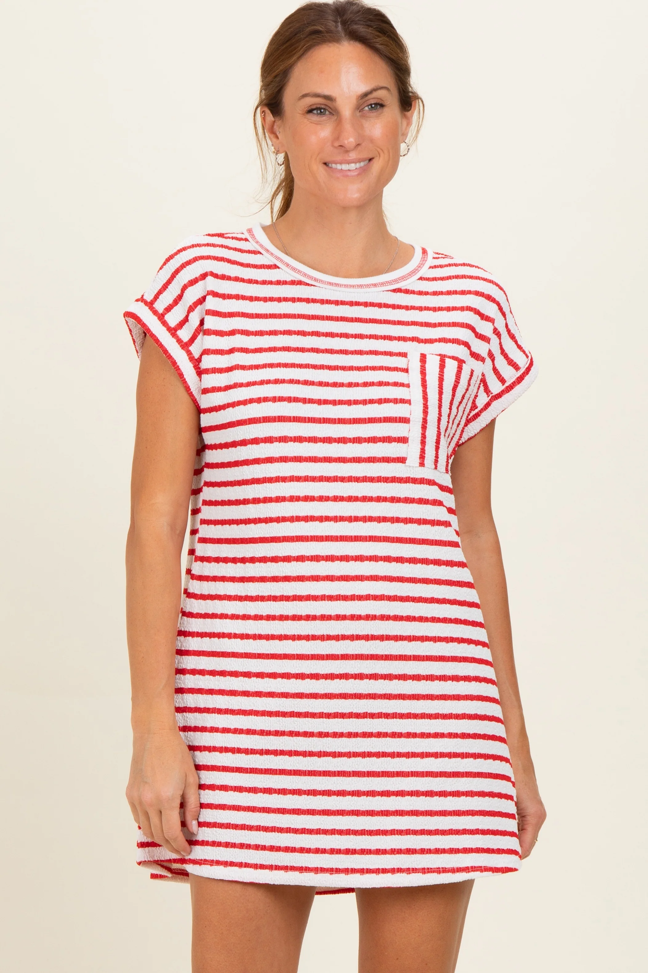 Red Textured Stripe Knit Maternity T-Shirt Dress - Image 5