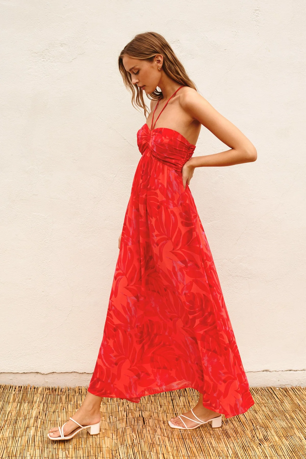 Red Tonal Floral Halter Maxi Dress - Image 2